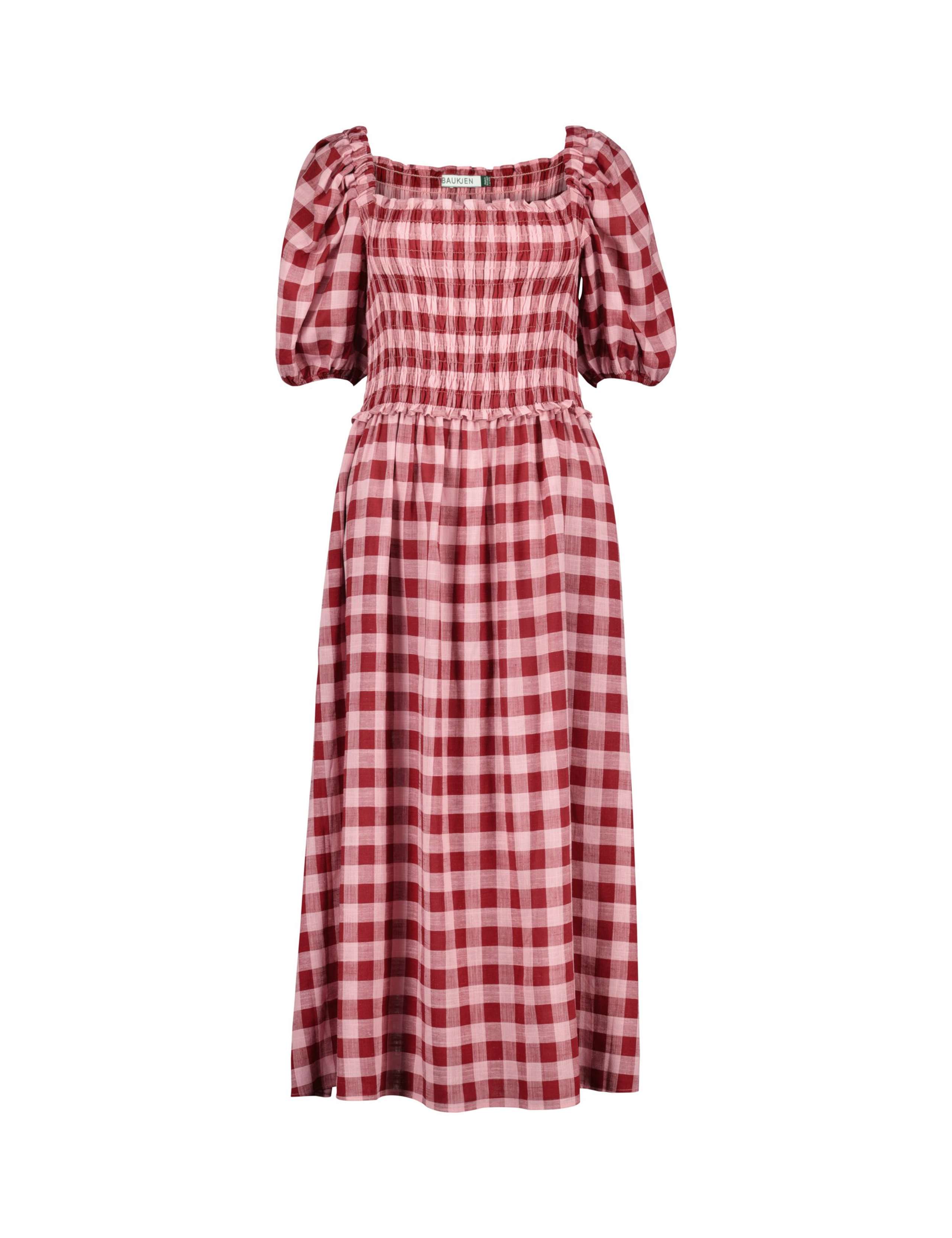 Checked Square Neck Midi Dress with Linen 2 of 4