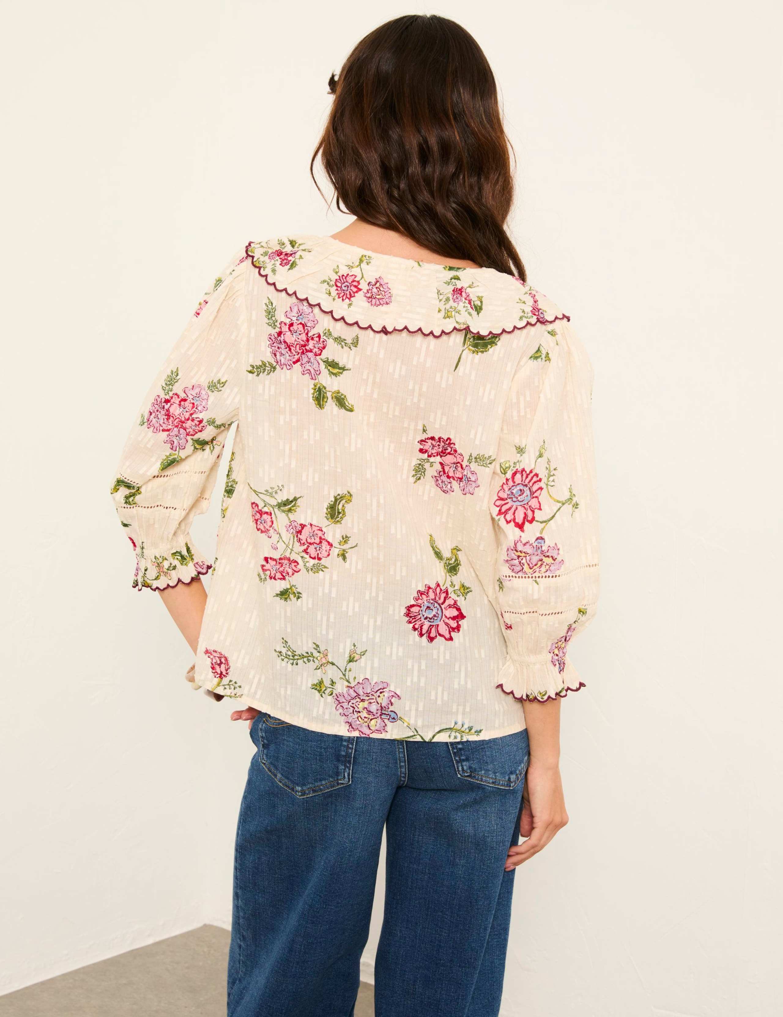 Pure Cotton Frill Neck Floral Blouse 3 of 6