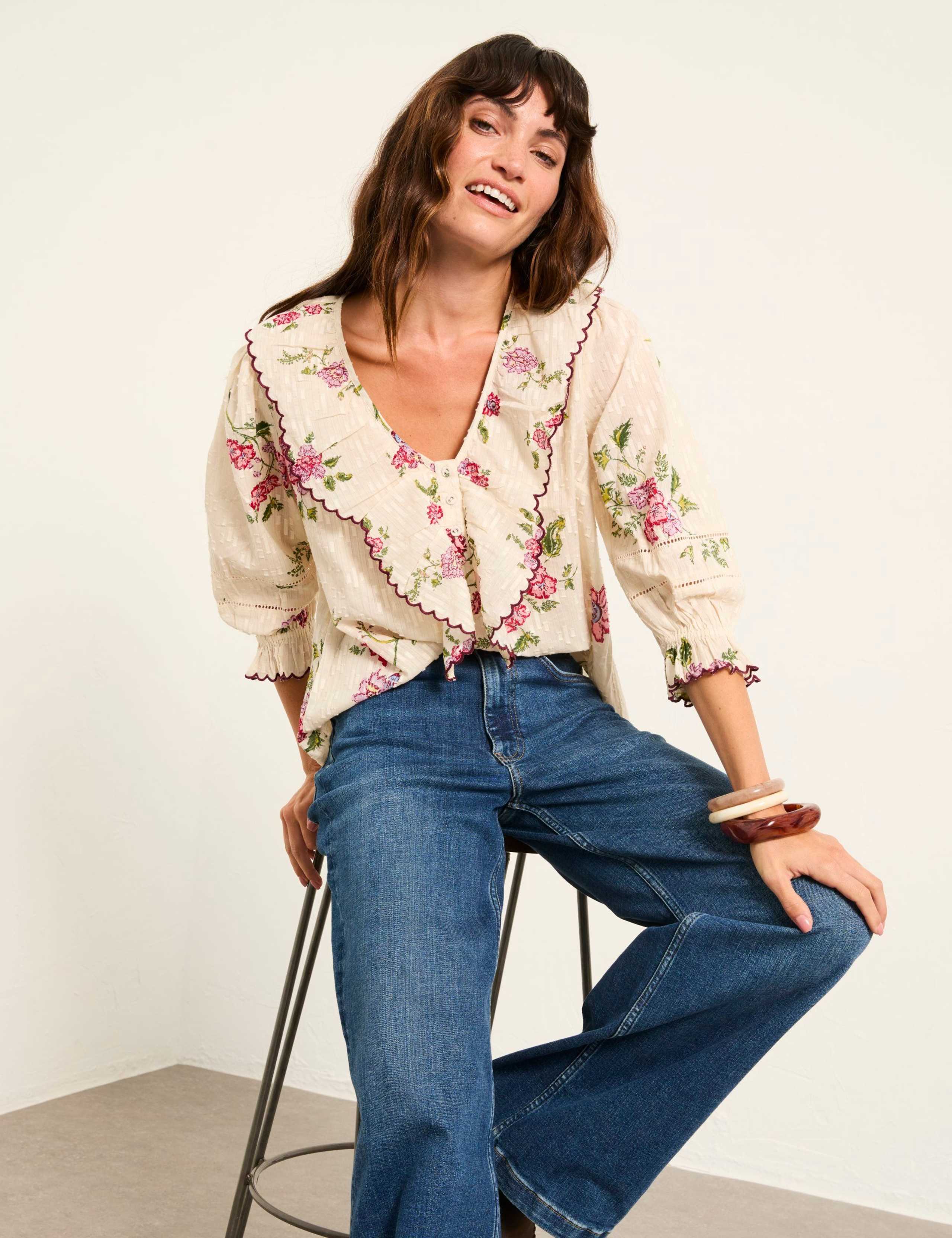 Pure Cotton Frill Neck Floral Blouse 4 of 6