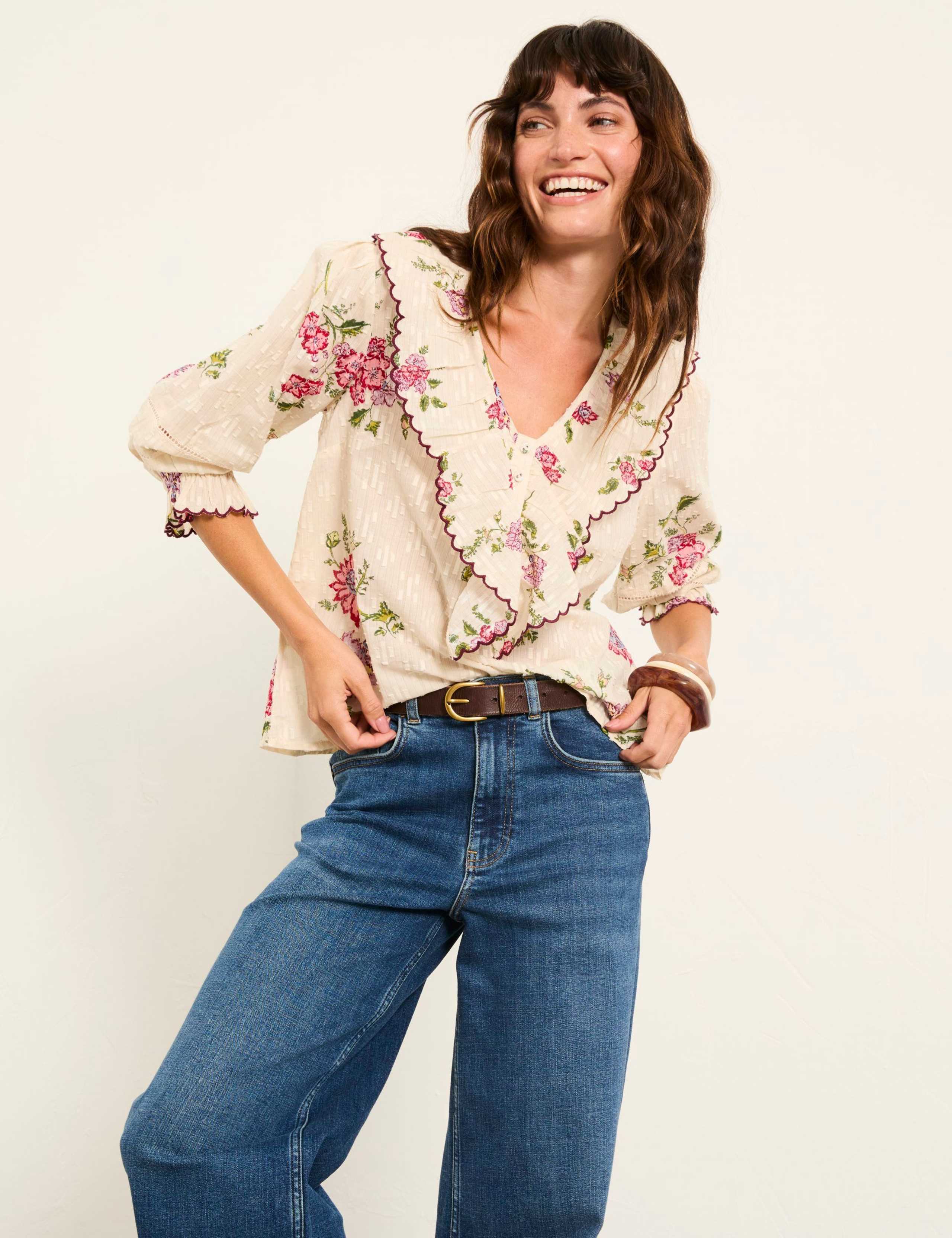 Pure Cotton Frill Neck Floral Blouse 5 of 6