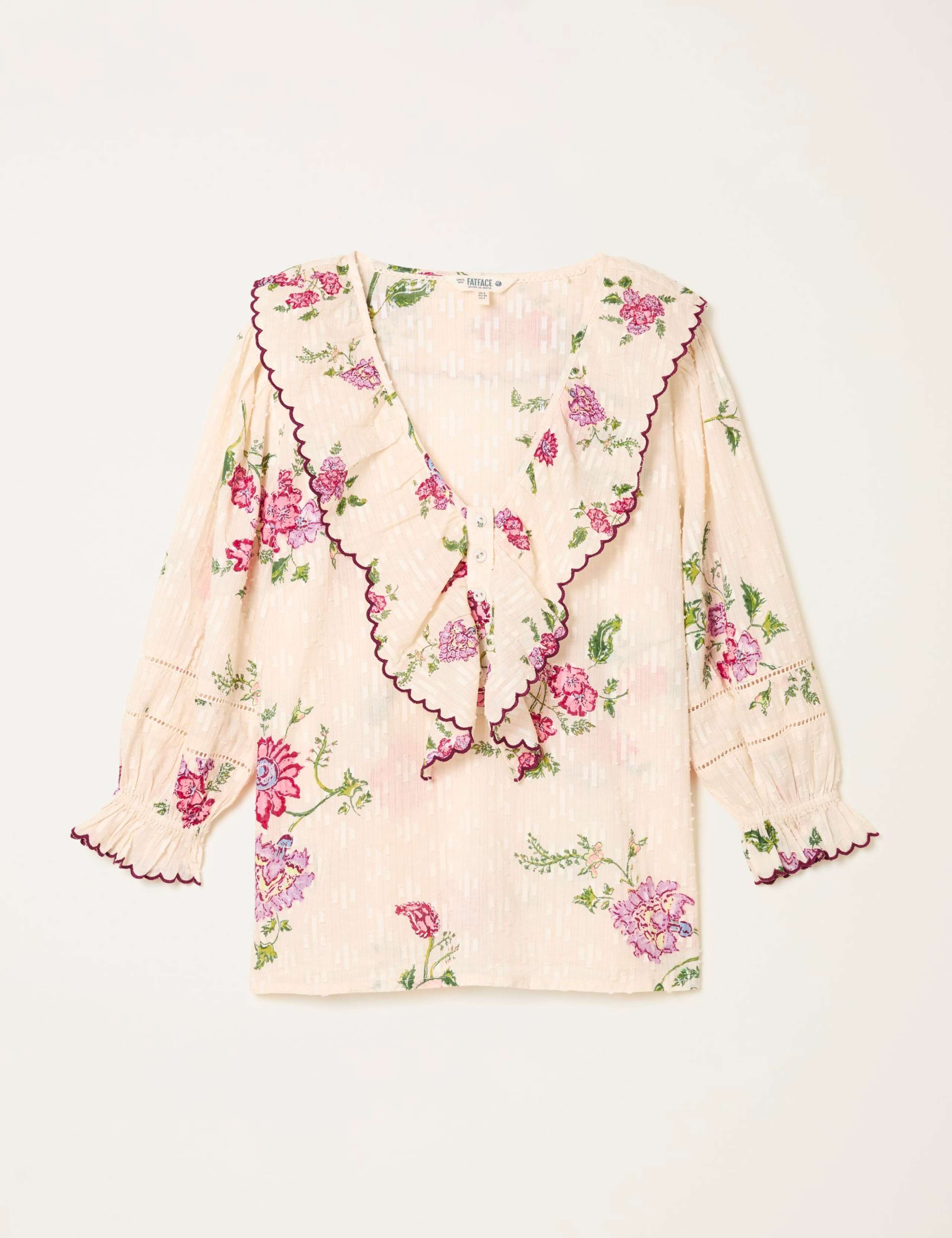 Pure Cotton Frill Neck Floral Blouse 2 of 6