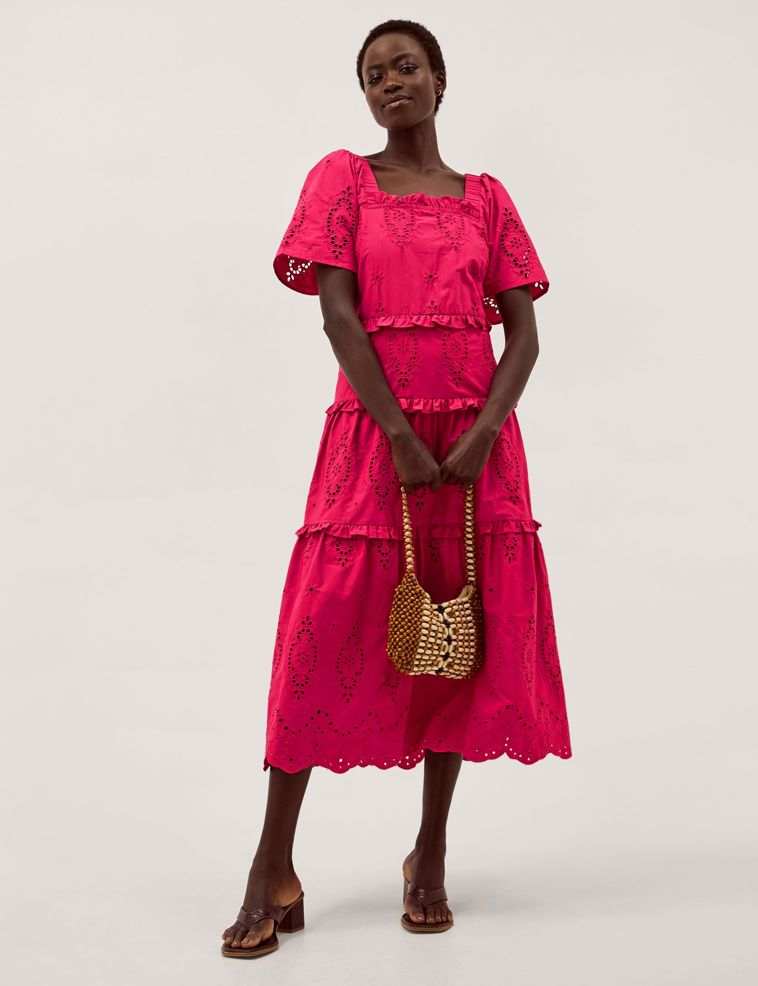 Pure Cotton Square Neck Cutwork Detail Midi Tiered Dress 1 of 5