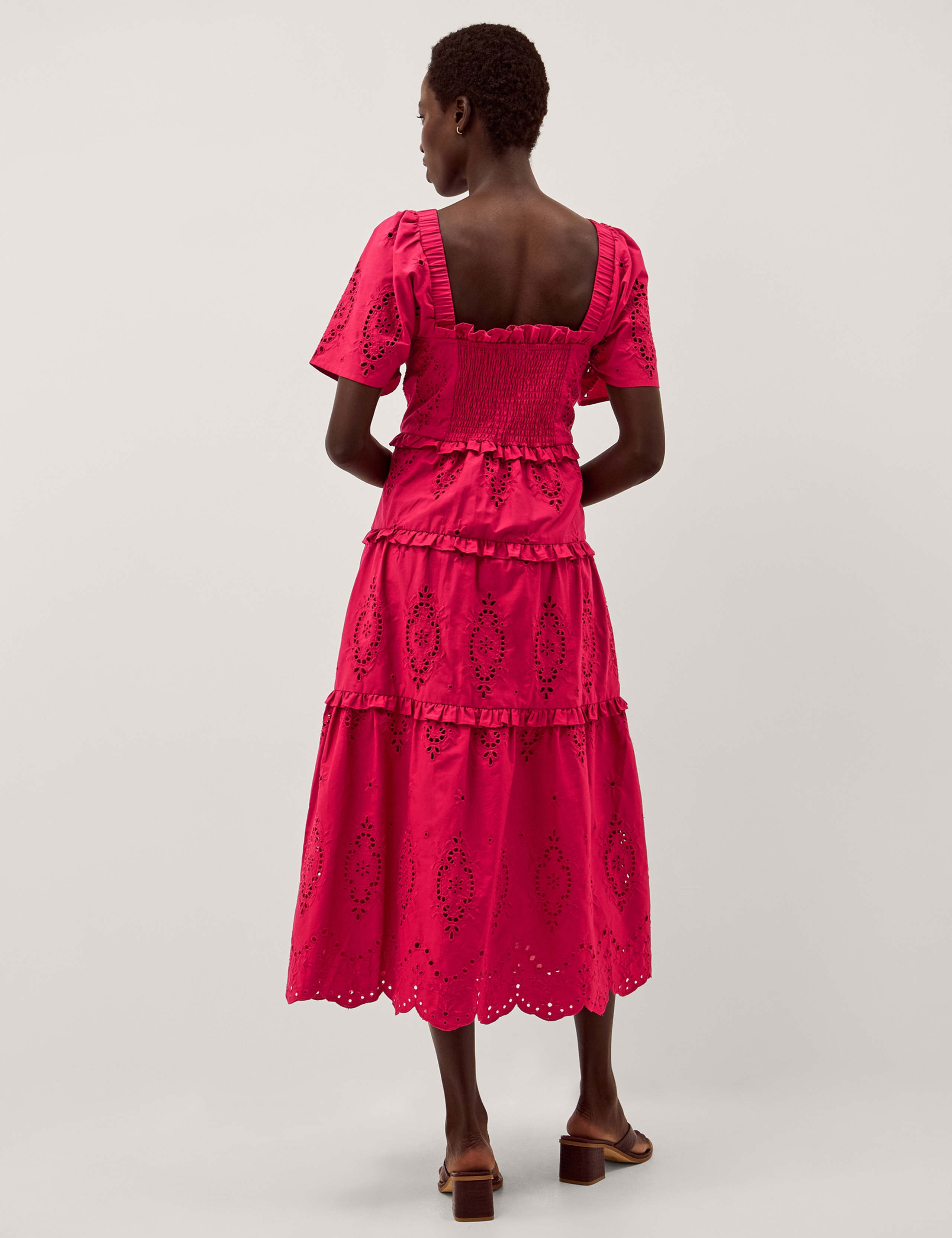 Pure Cotton Square Neck Cutwork Detail Midi Tiered Dress 3 of 5