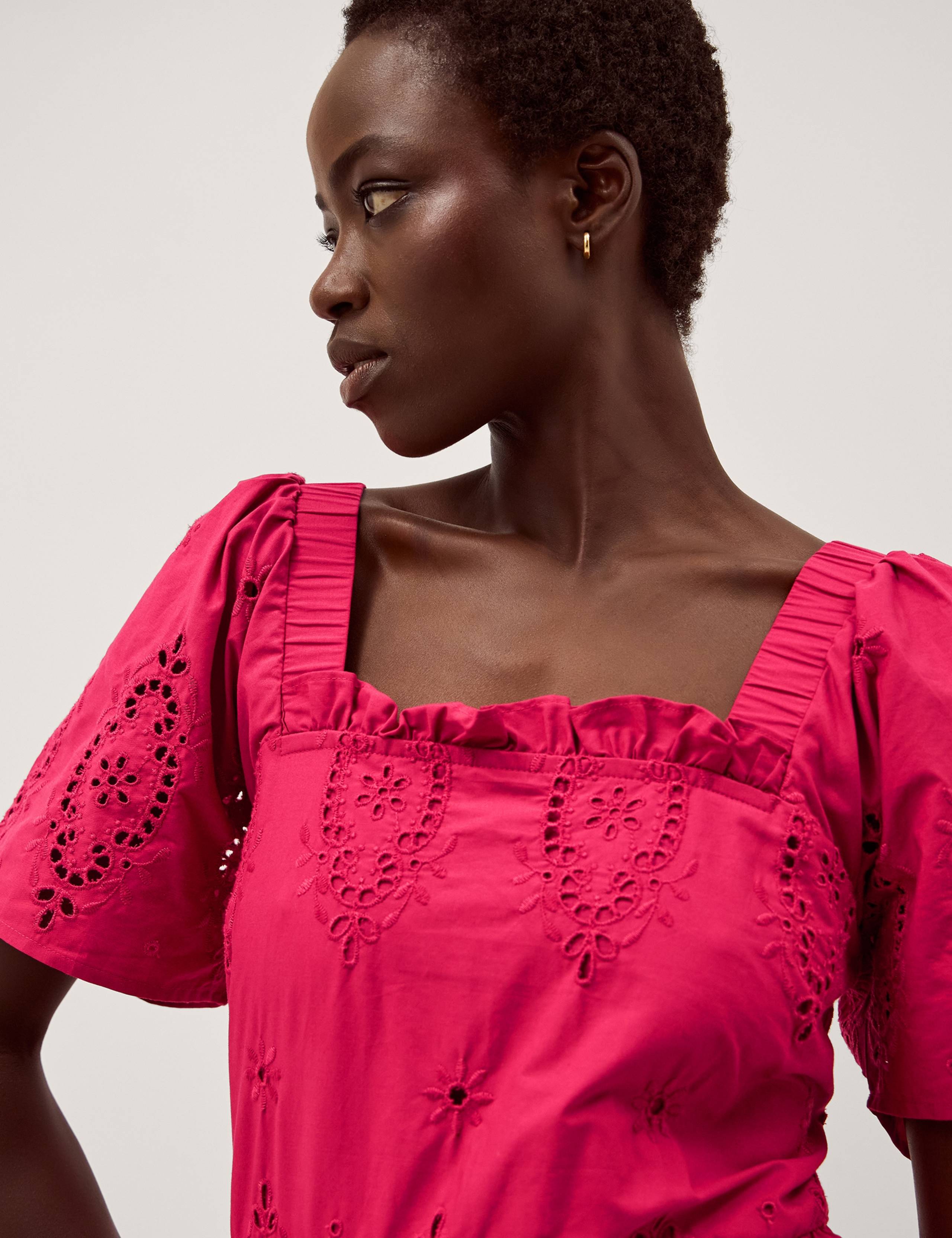 Pure Cotton Square Neck Cutwork Detail Midi Tiered Dress 4 of 5