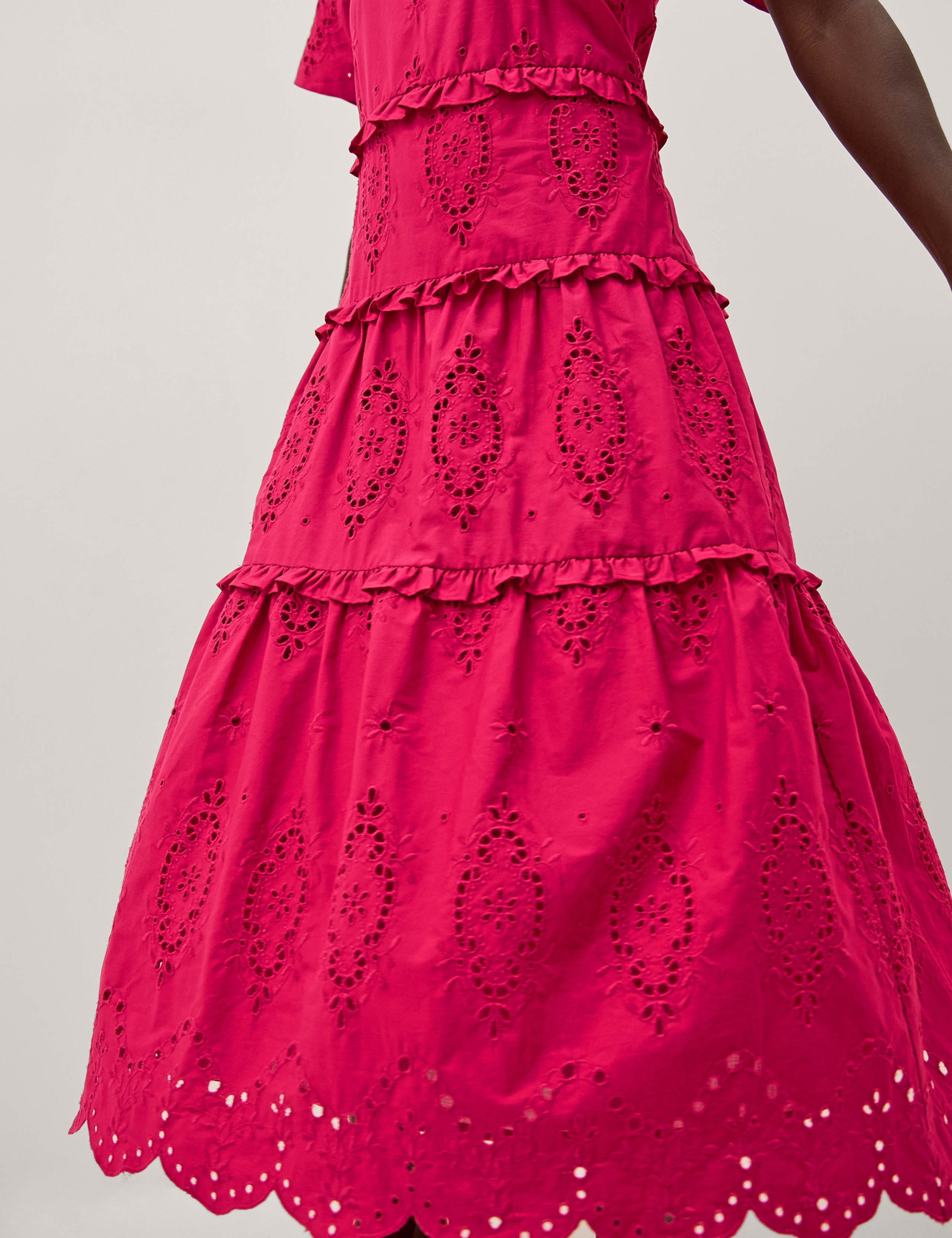 Pure Cotton Square Neck Cutwork Detail Midi Tiered Dress 5 of 5