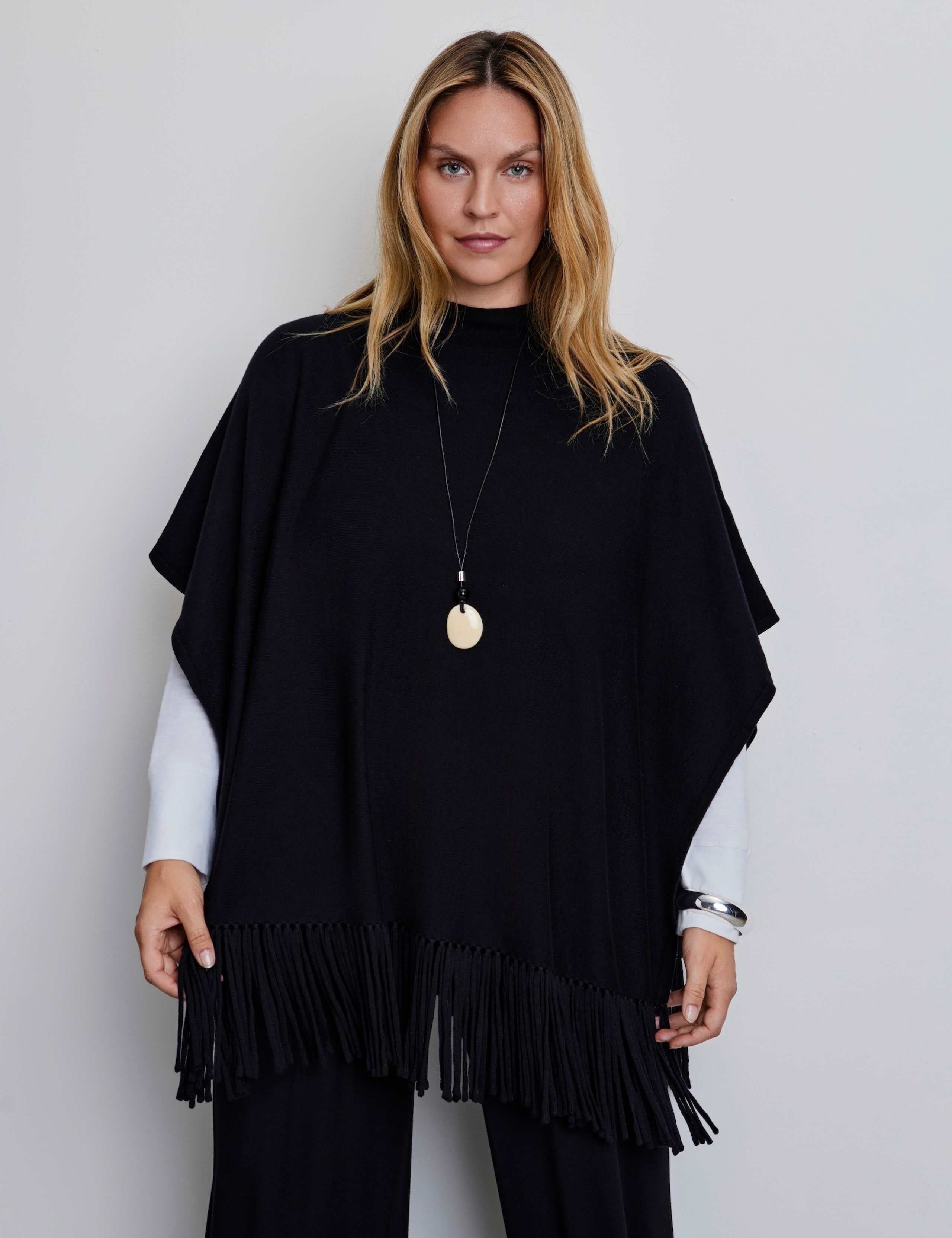 Cotton Blend High Neck Fringe Poncho 2 of 6
