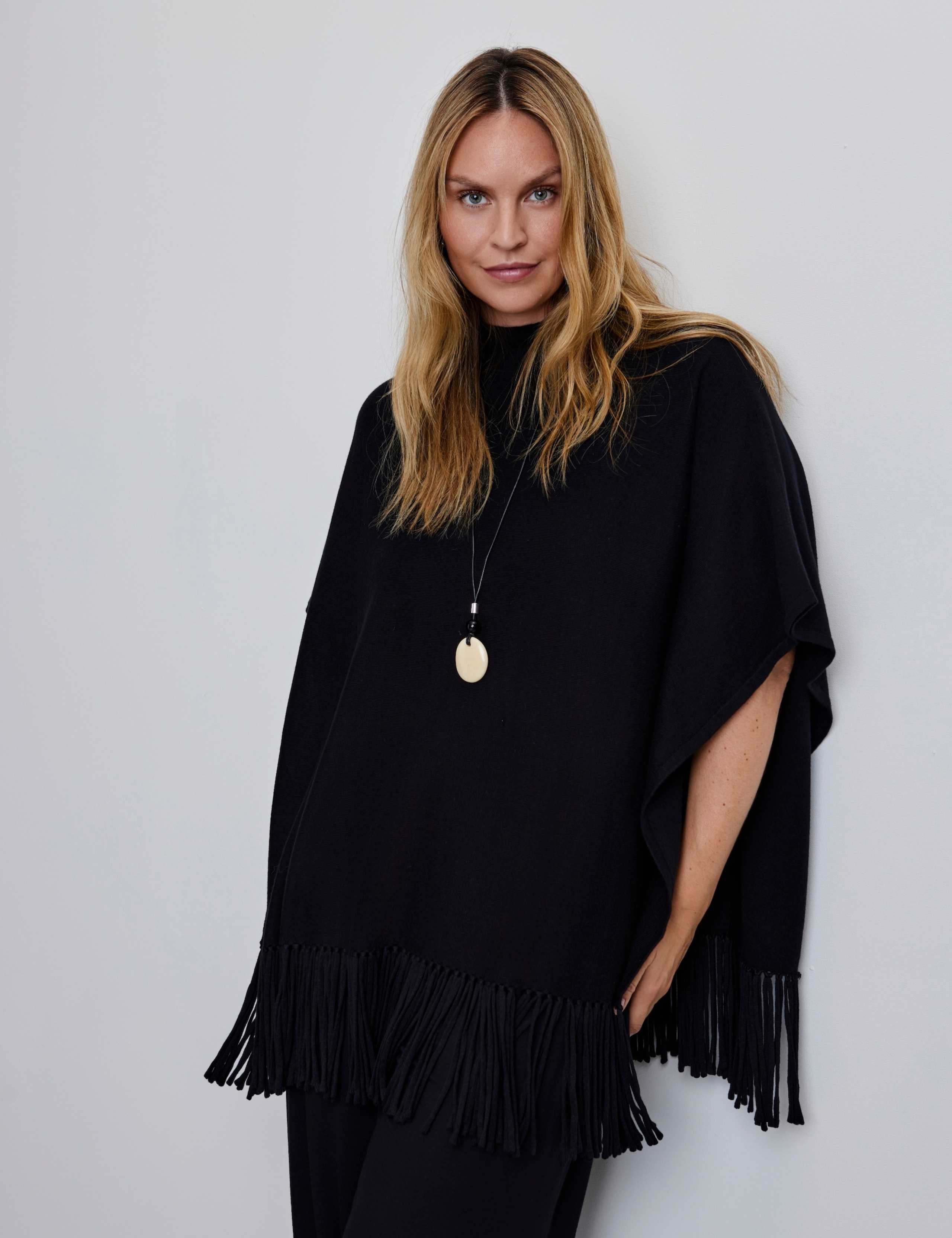 Cotton Blend High Neck Fringe Poncho 3 of 6
