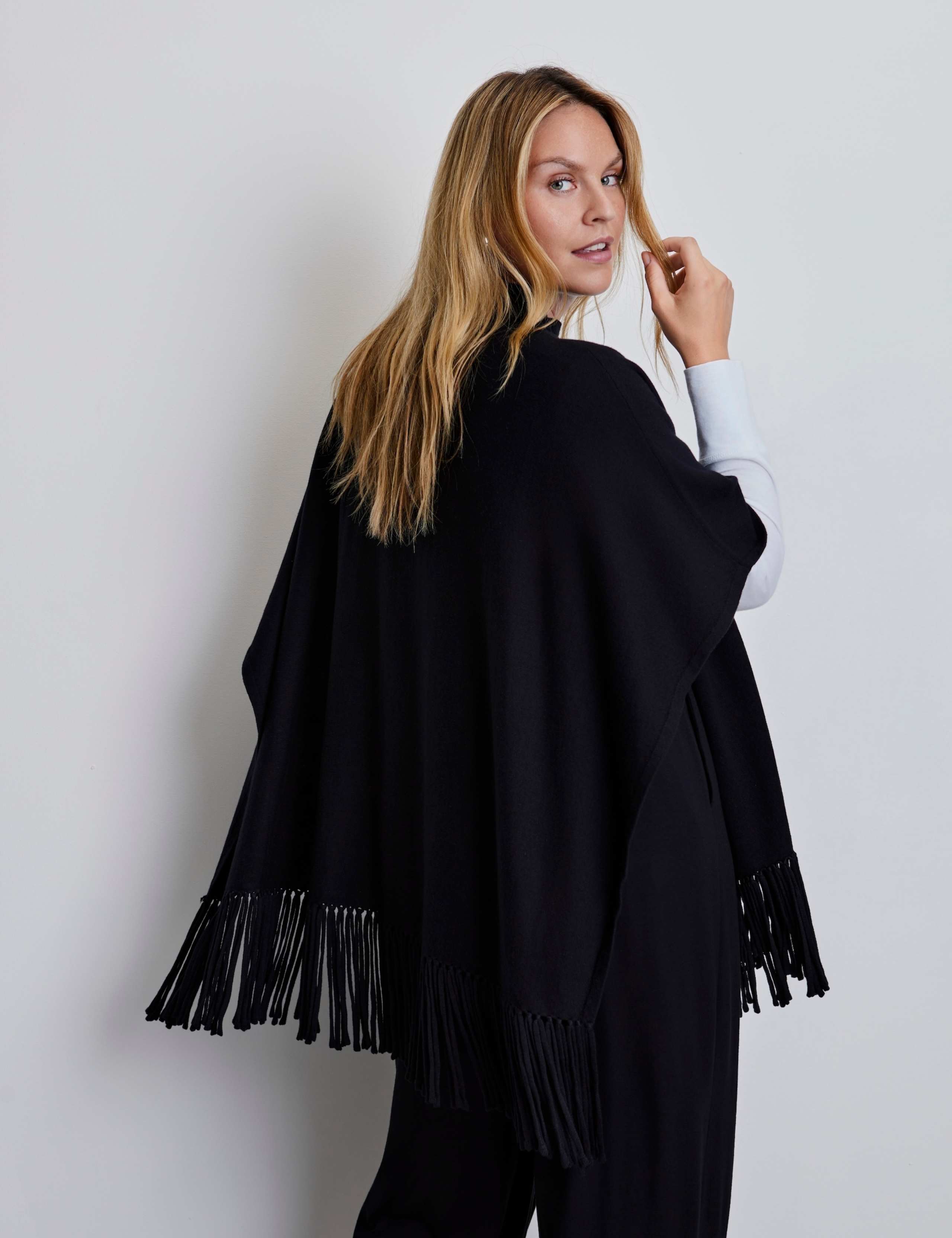 Cotton Blend High Neck Fringe Poncho 4 of 6