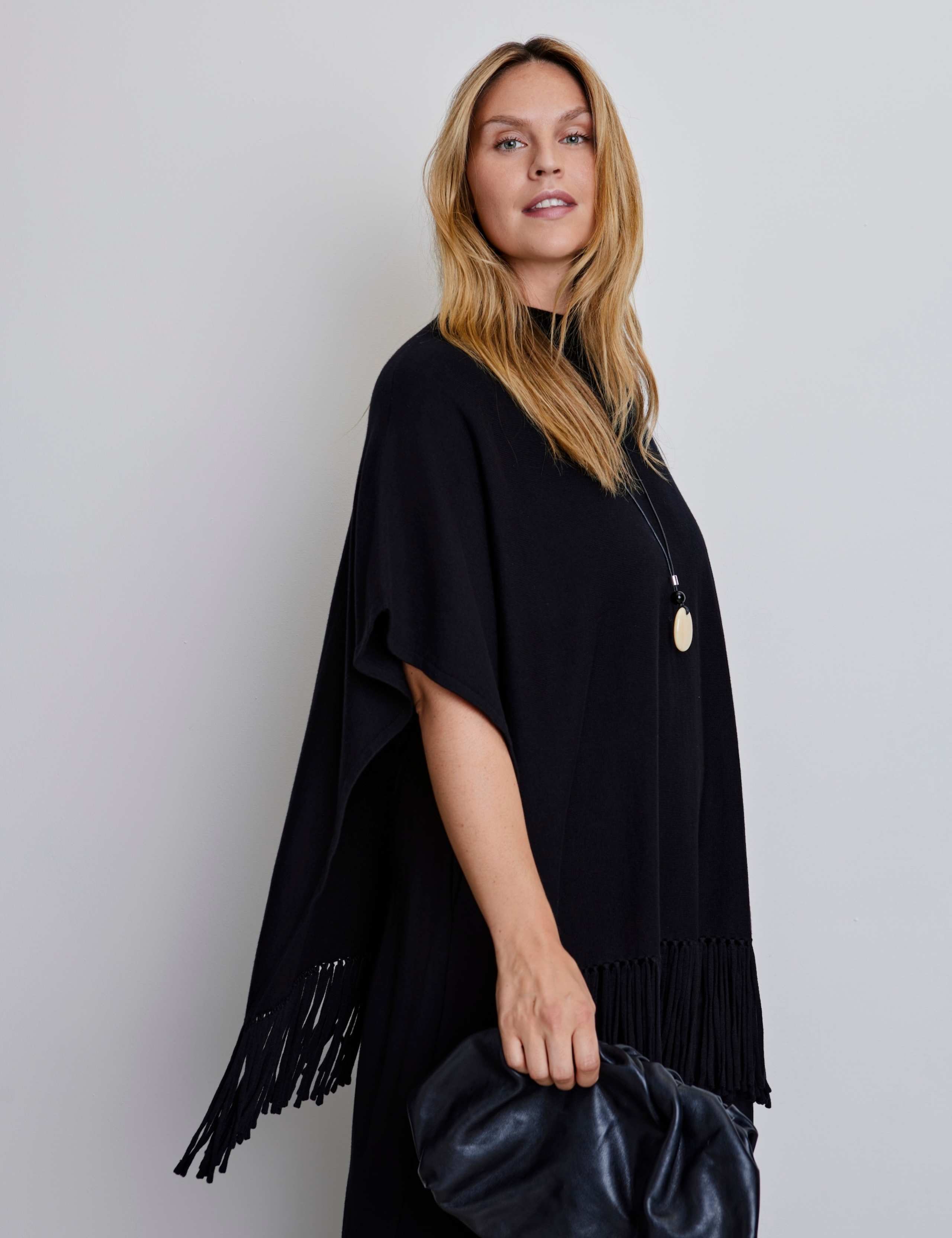 Cotton Blend High Neck Fringe Poncho 5 of 6