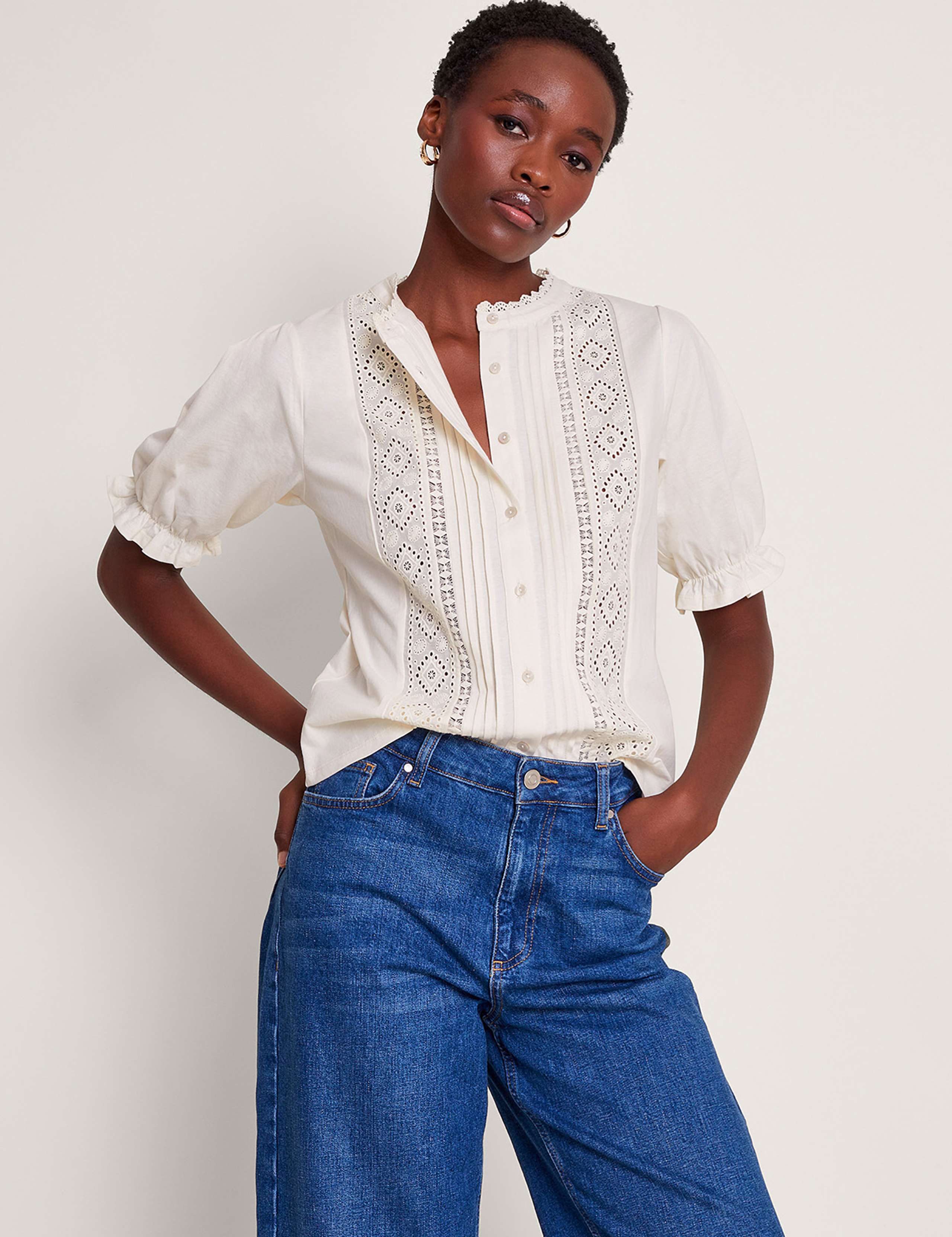 Pure Cotton Crew Neck Lace Insert Top 1 of 5