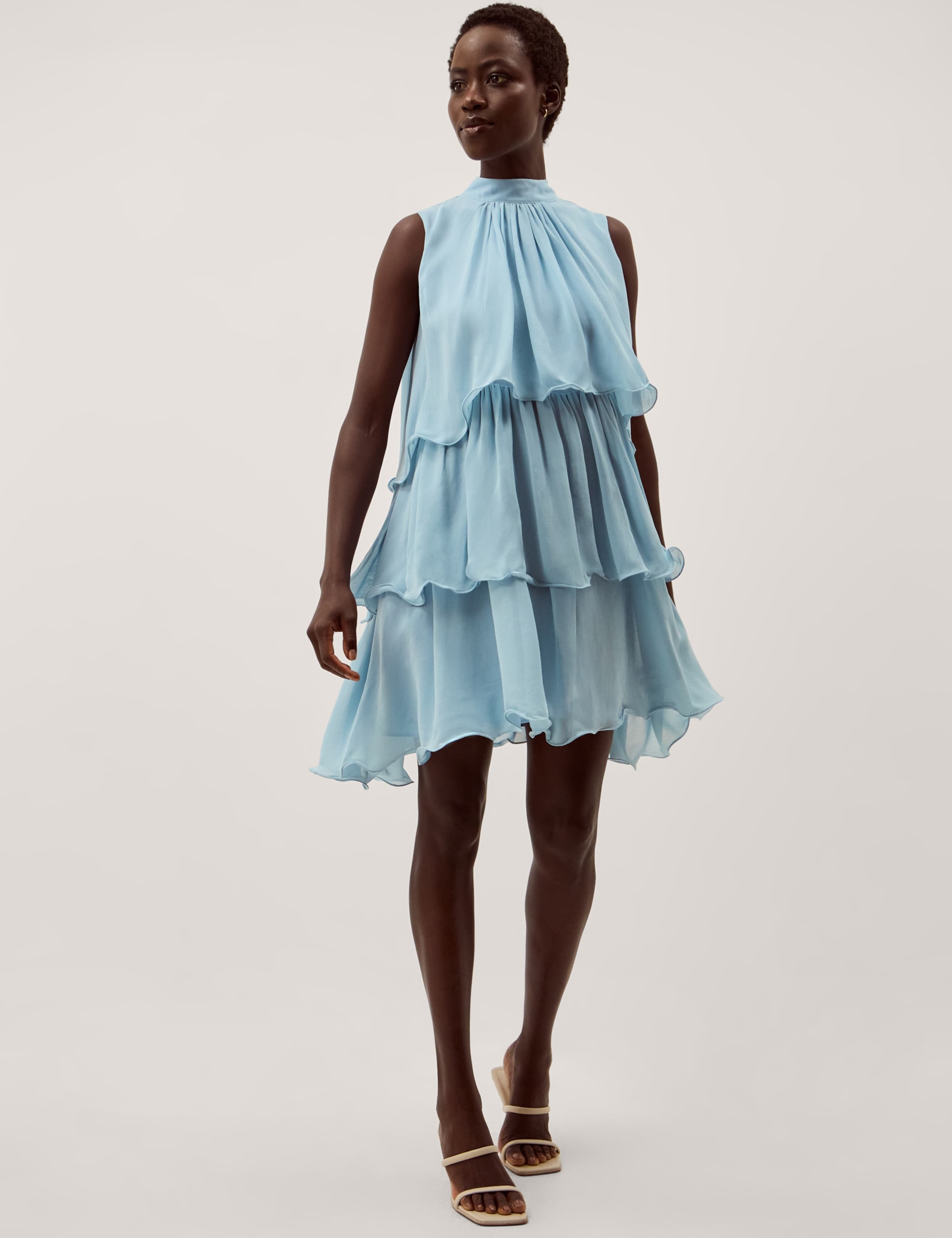 Sheer Ruffle Bow Detail Mini Tiered Swing Dress 1 of 5