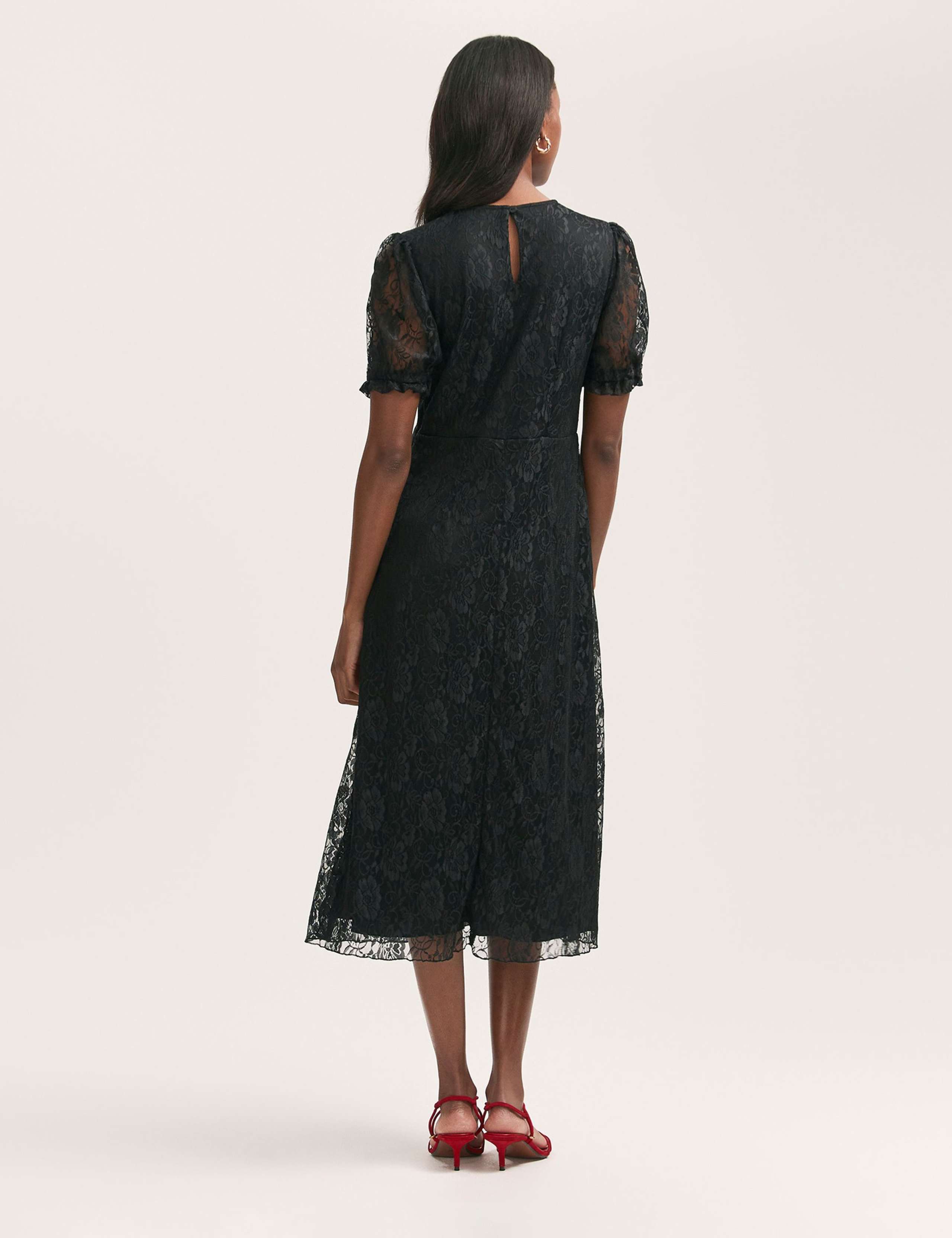 Floral Lace Puff Sleeve Midi Skater Dress 2 of 4