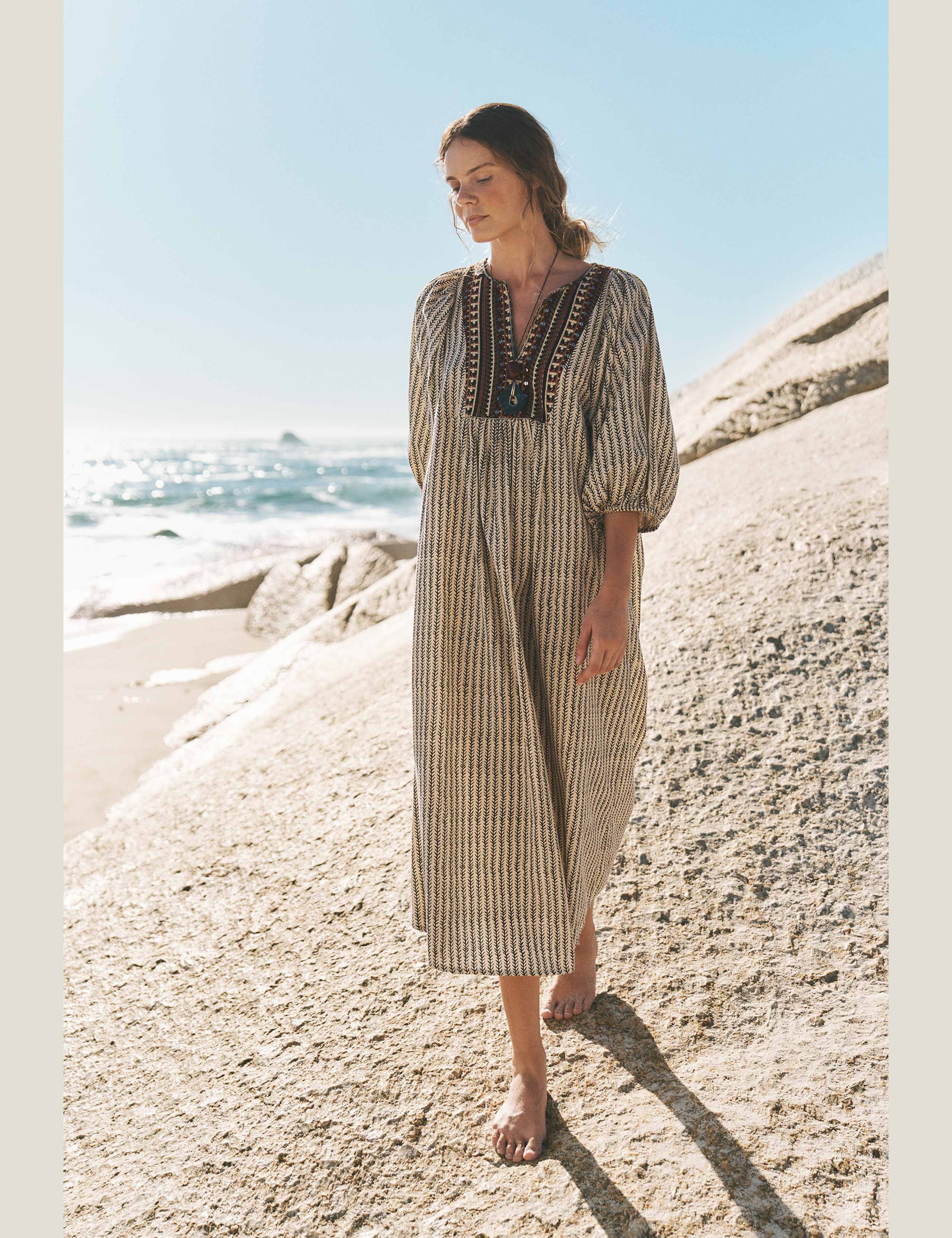 Pure Cotton Embroidered Notch Neck Midi Tea Dress 1 of 7