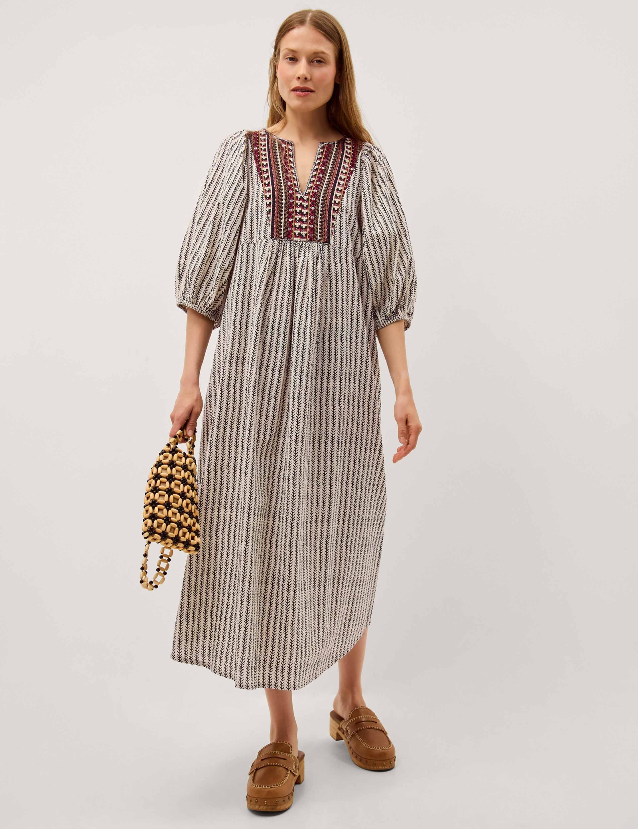 Pure Cotton Embroidered Notch Neck Midi Tea Dress 3 of 7