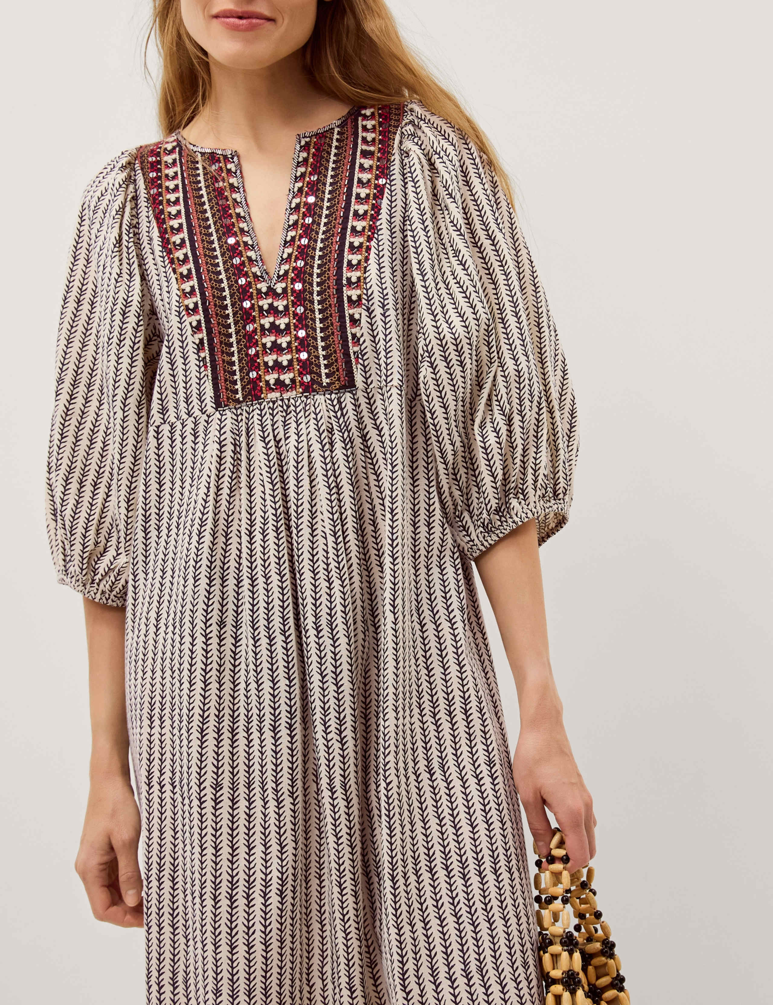 Pure Cotton Embroidered Notch Neck Midi Tea Dress 5 of 7