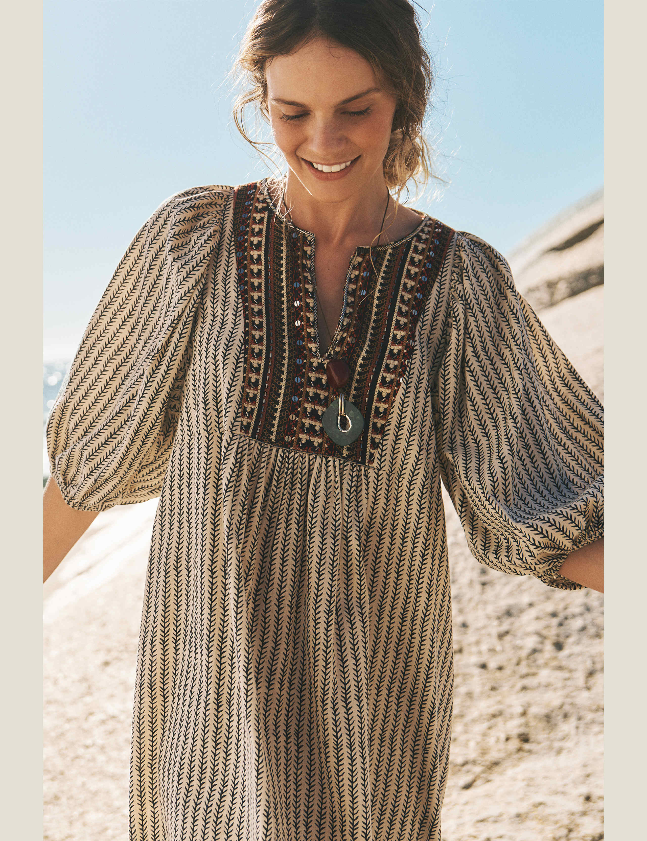 Pure Cotton Embroidered Notch Neck Midi Tea Dress 7 of 7