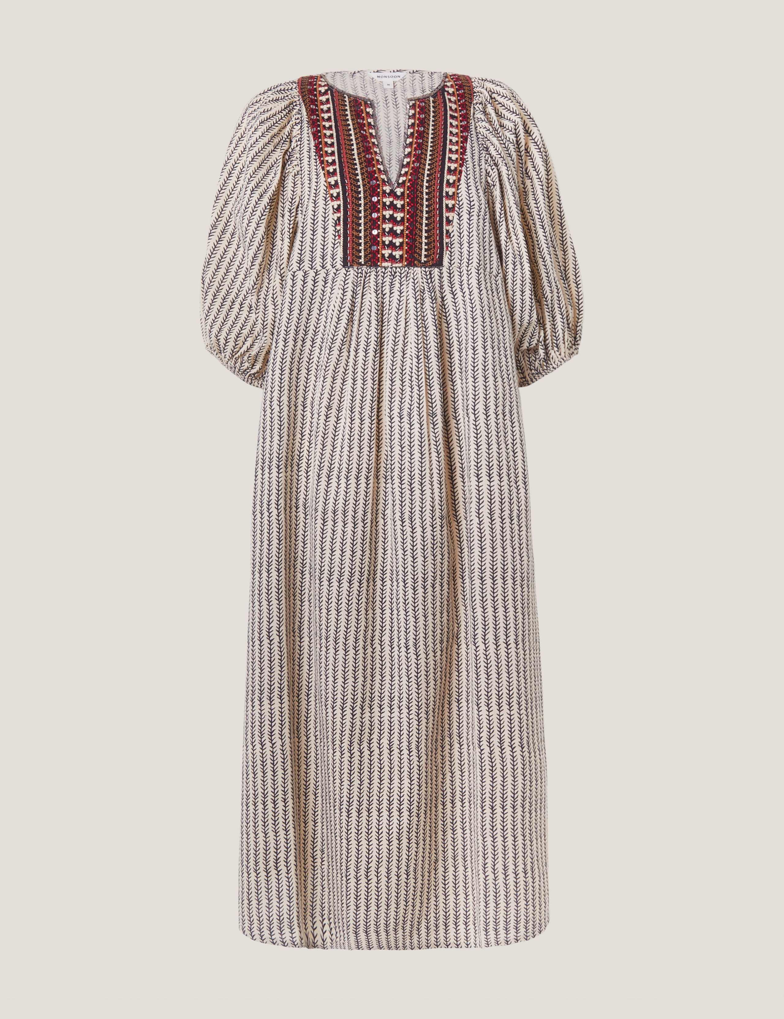 Pure Cotton Embroidered Notch Neck Midi Tea Dress 2 of 7