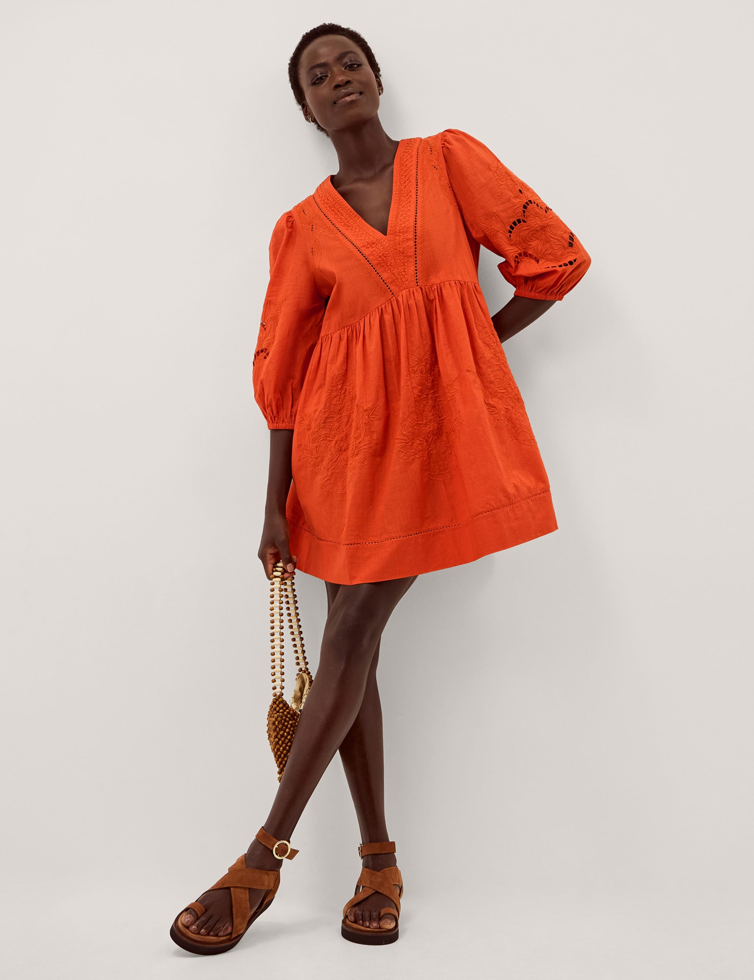Pure Cotton Embroidered V-Neck Mini Smock Dress 3 of 6