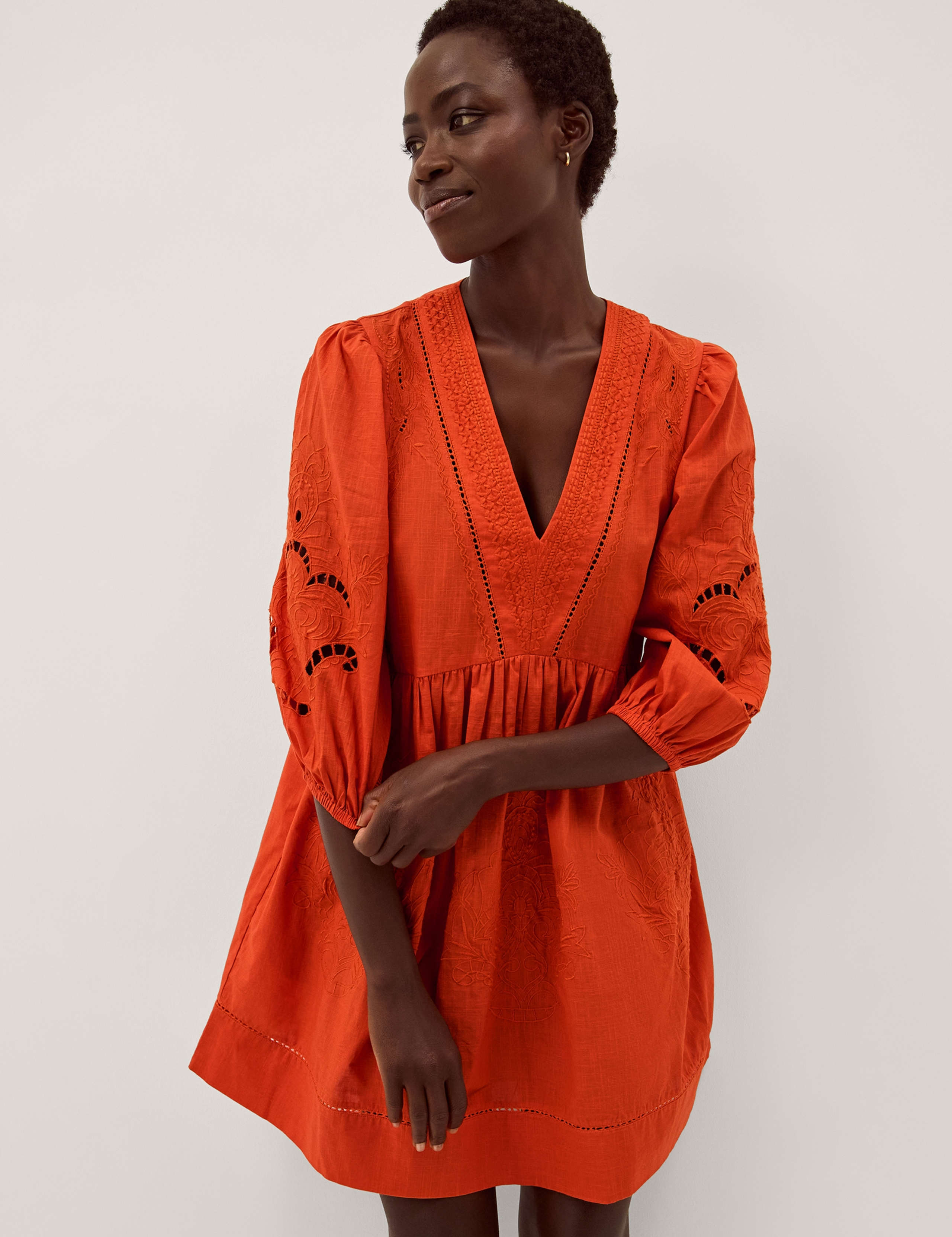 Pure Cotton Embroidered V-Neck Mini Smock Dress 5 of 6