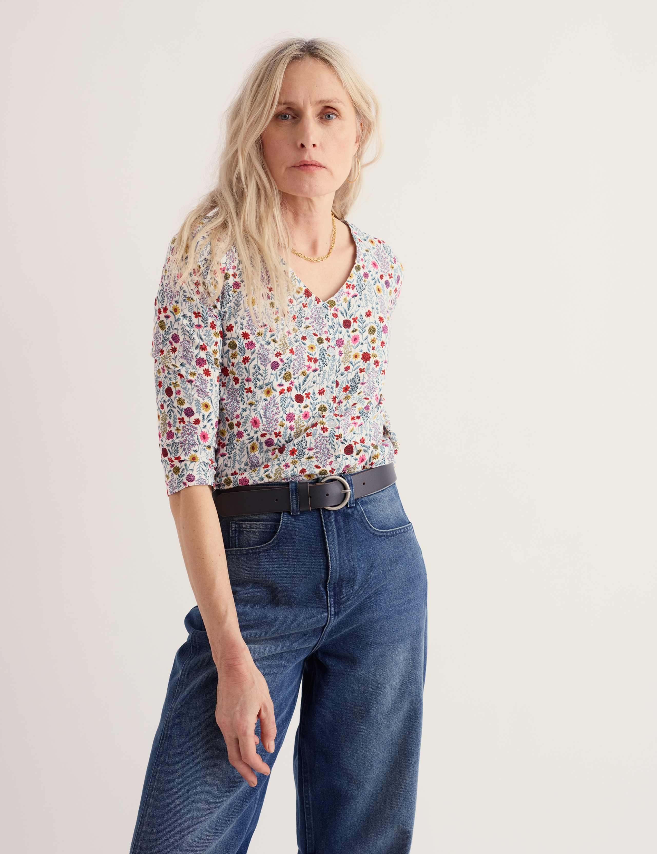 Pure Cotton Floral V-Neck Button Through Top 5 of 5