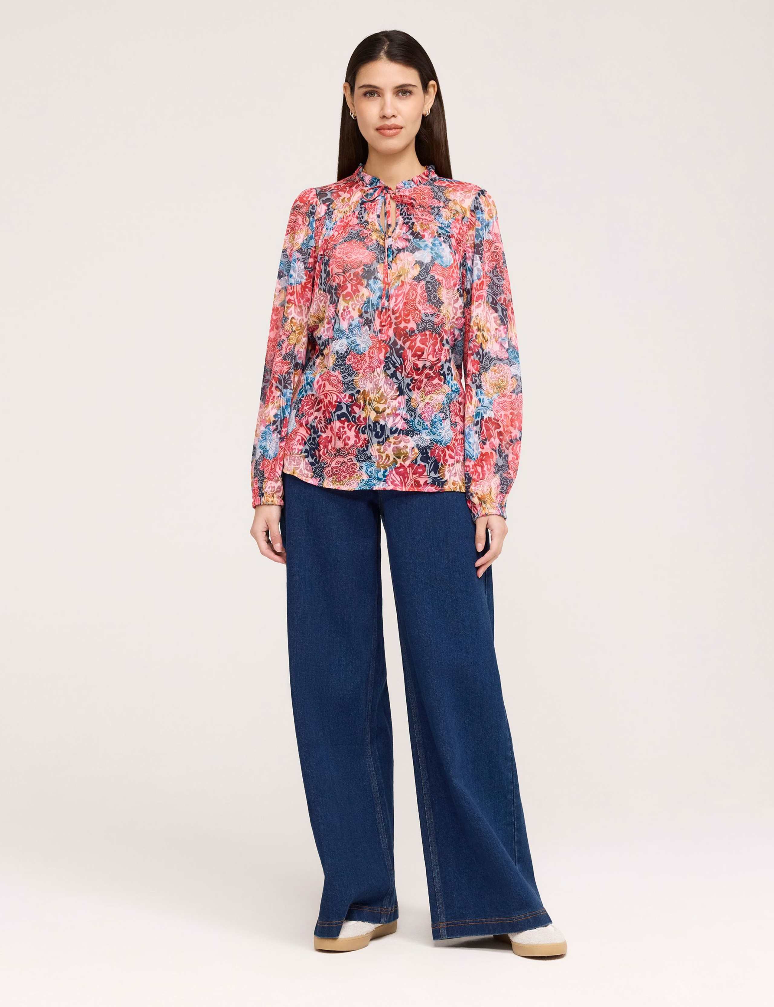 Burnout Jersey Floral Tie Neck Blouse 1 of 5