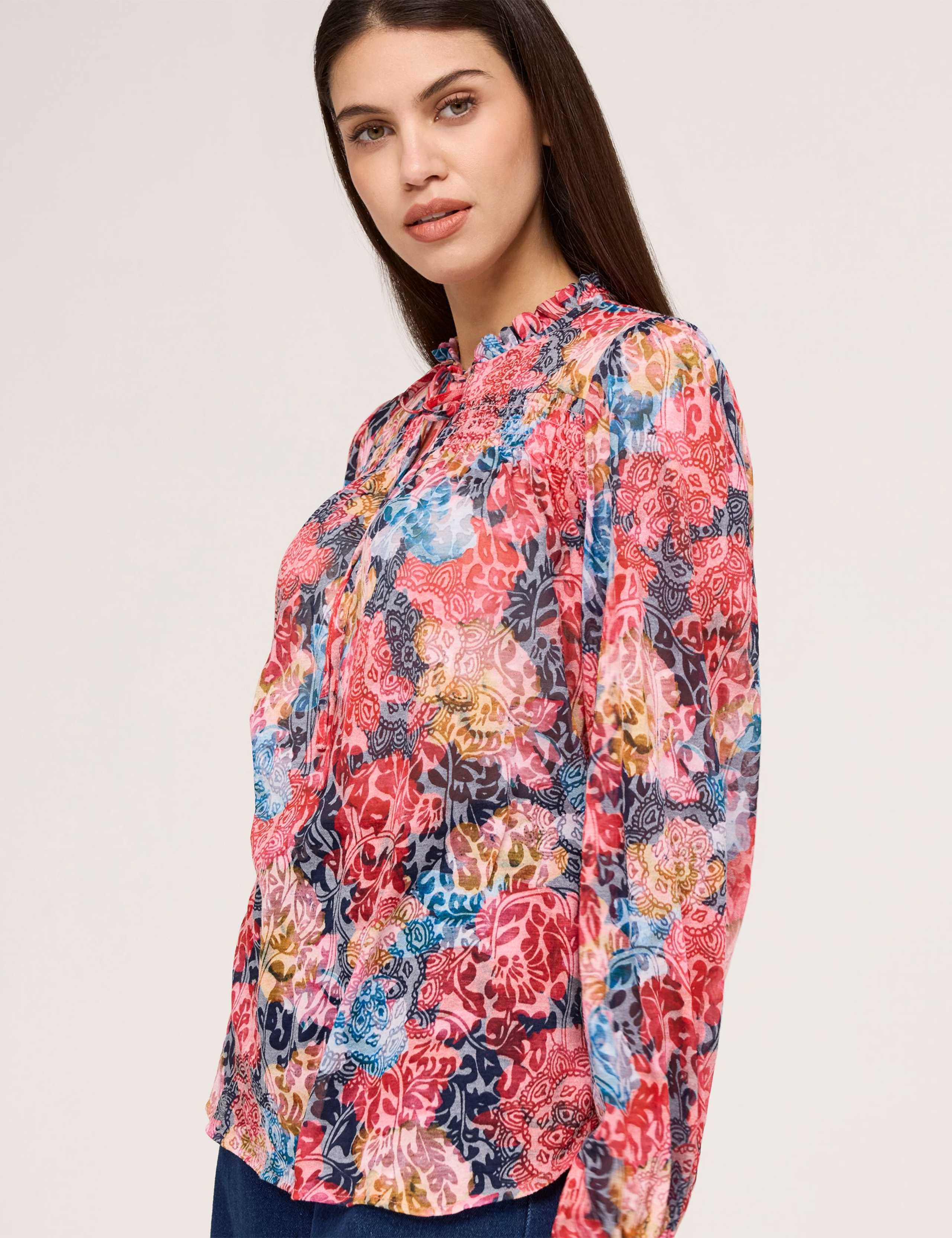 Pure Cotton Floral Tie Neck Blouse 3 of 5