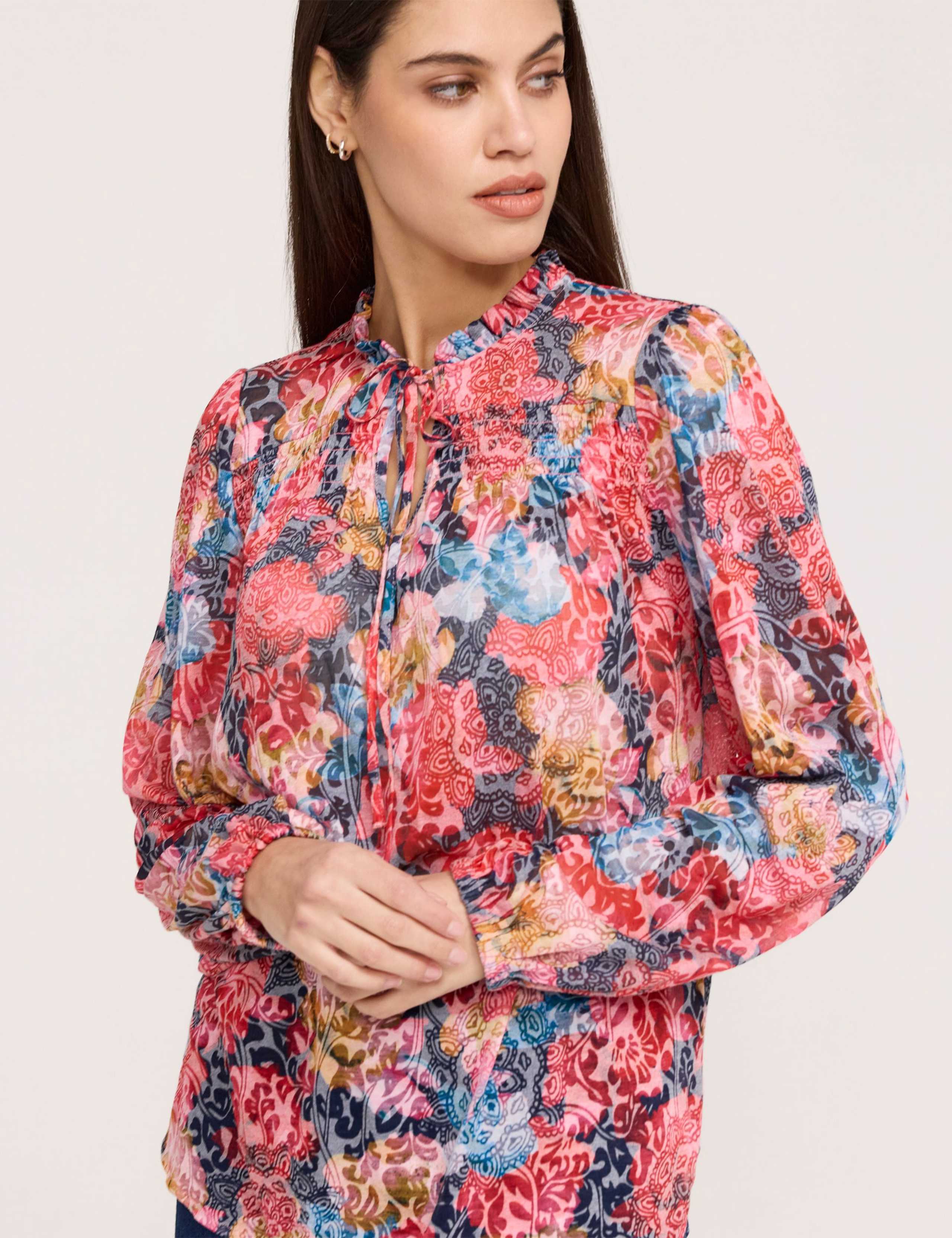 Pure Cotton Floral Tie Neck Blouse 4 of 5