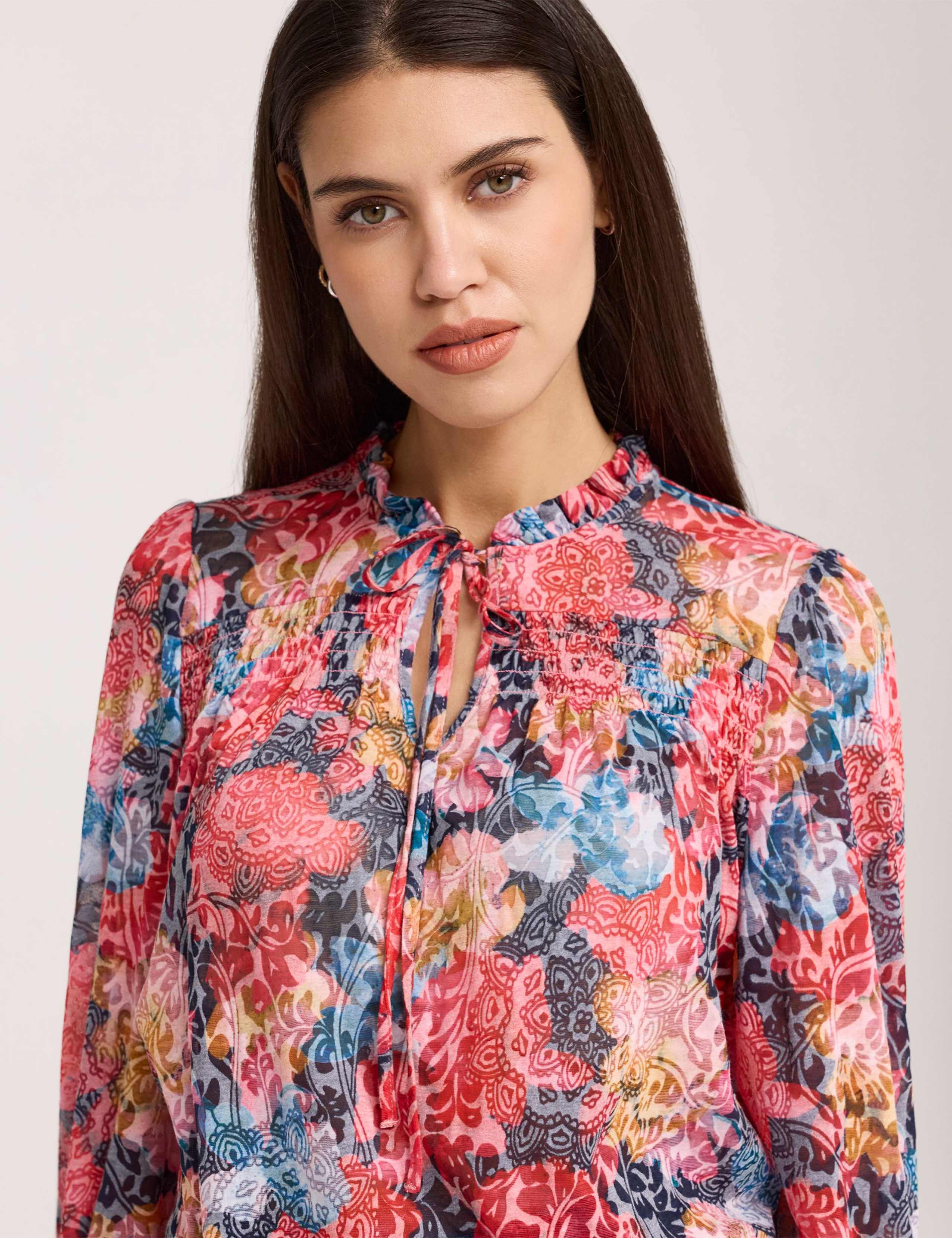 Pure Cotton Floral Tie Neck Blouse 5 of 5