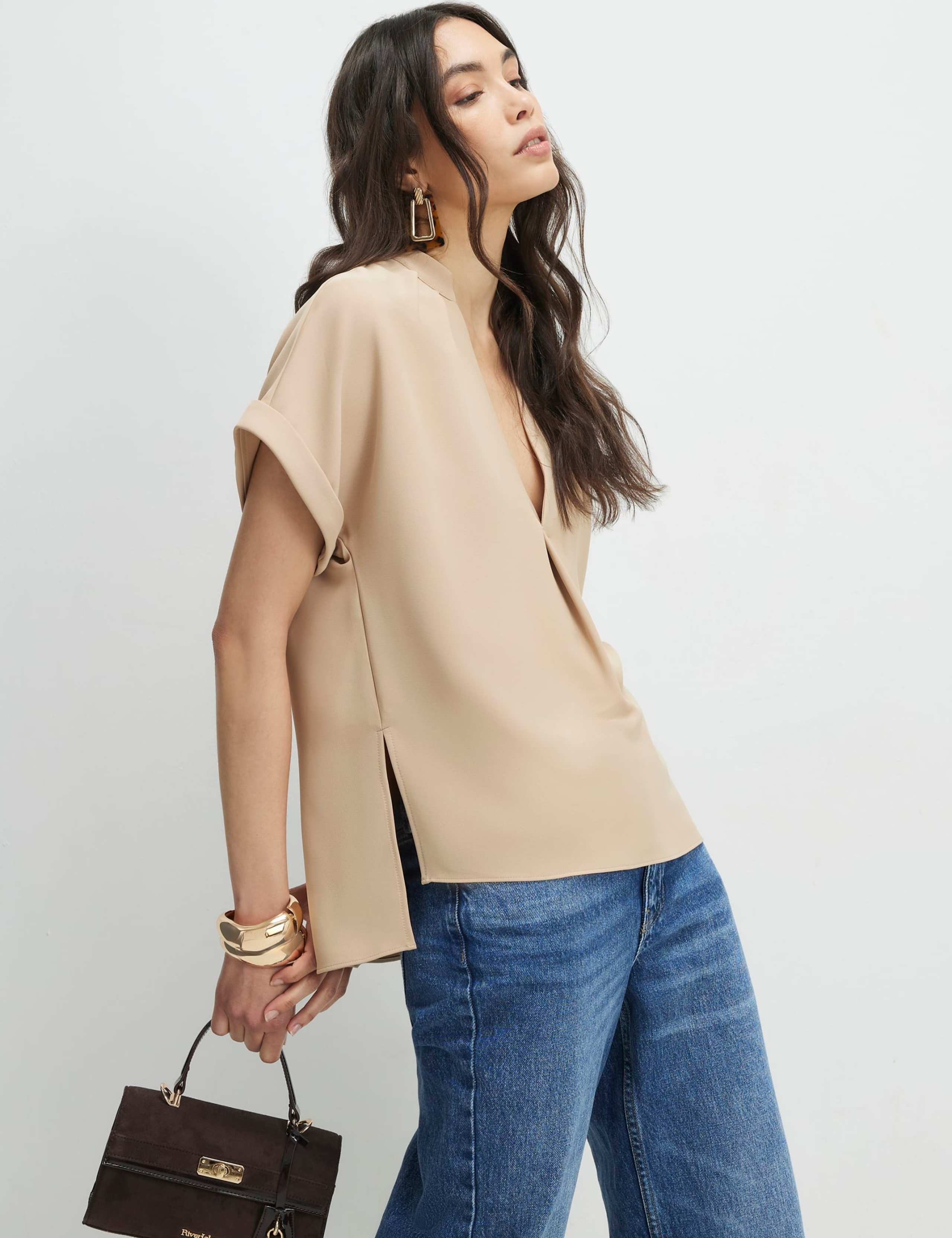 Woven Notch Neck Stepped Hem T-Shirt 2 of 4