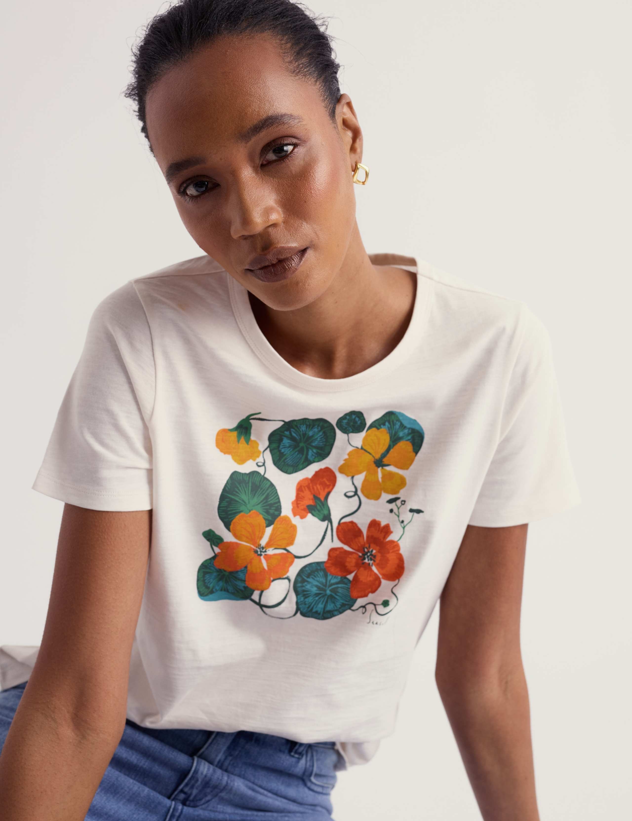 Pure Cotton Floral Scoop Neck T-Shirt 5 of 5