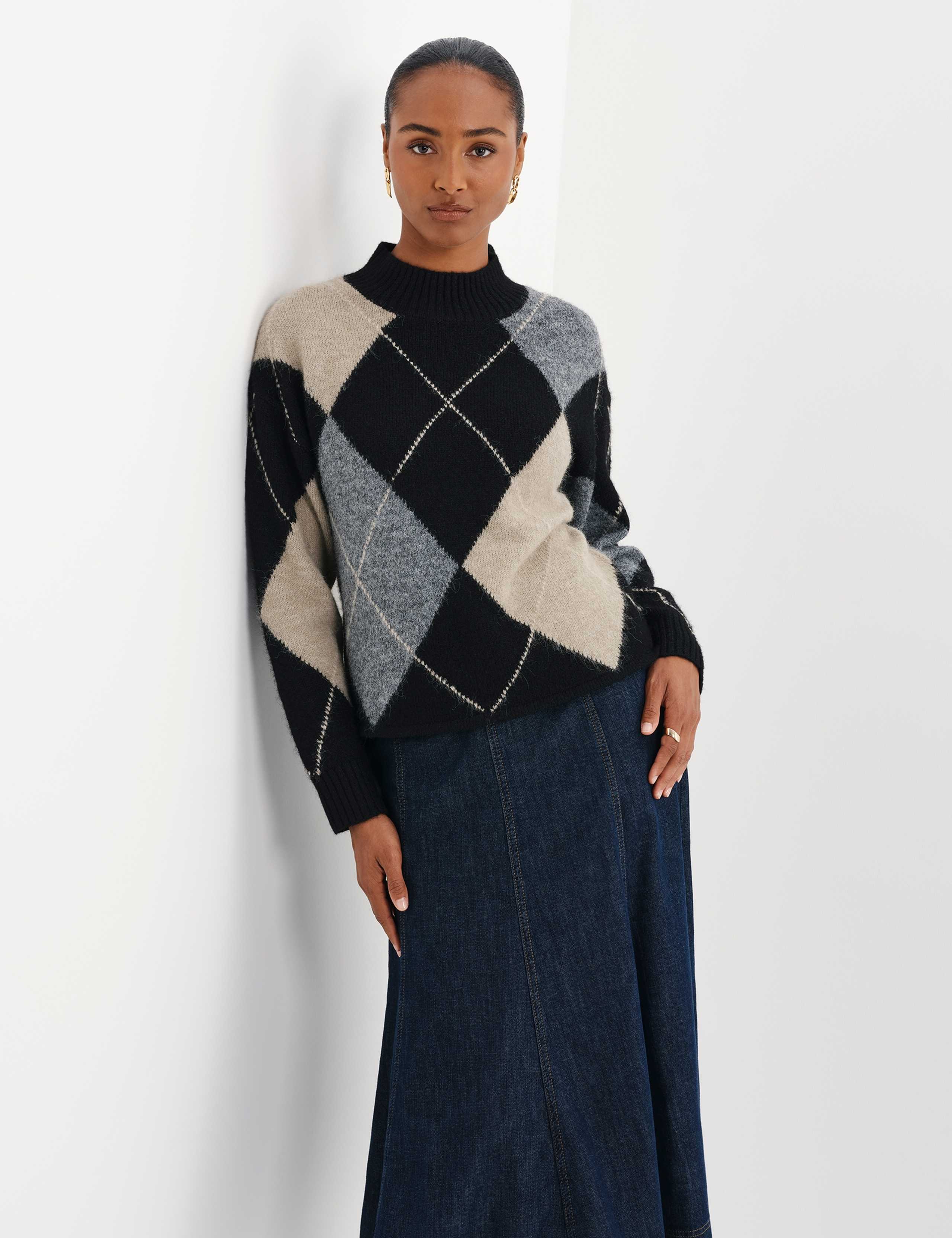 Argyle Funnel Neck Jumper with Wool 1 of 8