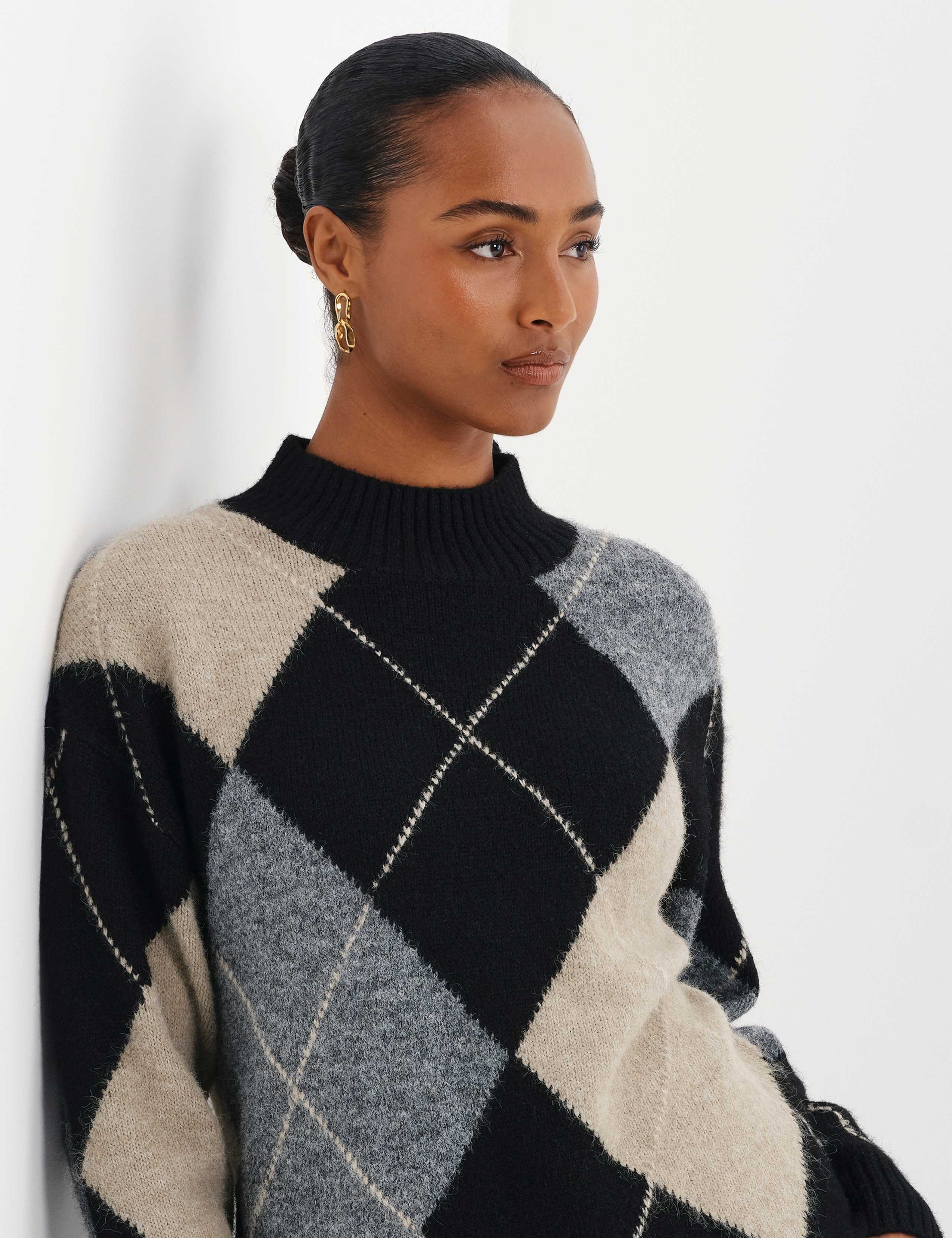 Argyle Funnel Neck Jumper with Wool 8 of 8