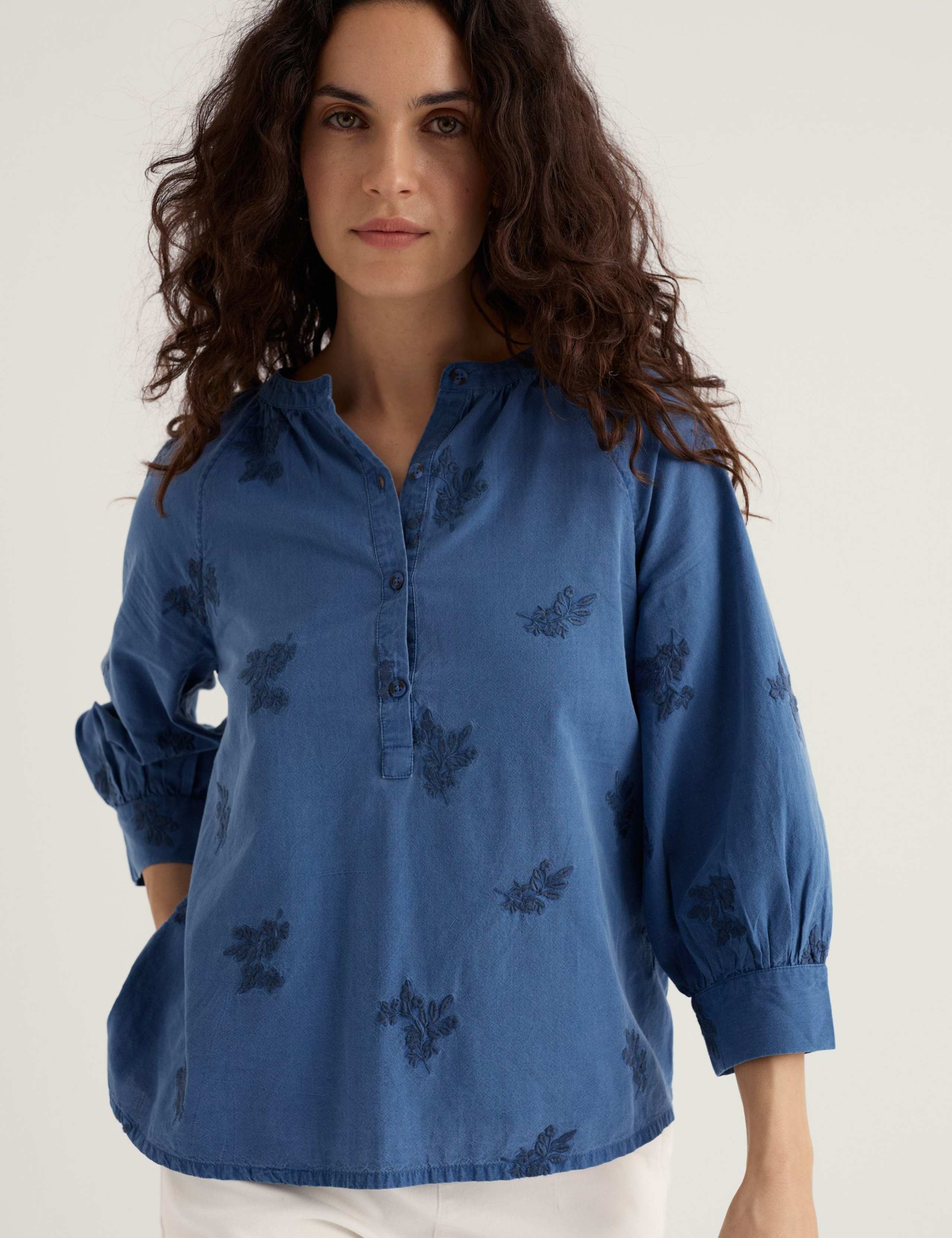 Pure Cotton Embroidered Blouson Sleeve Blouse 3 of 5