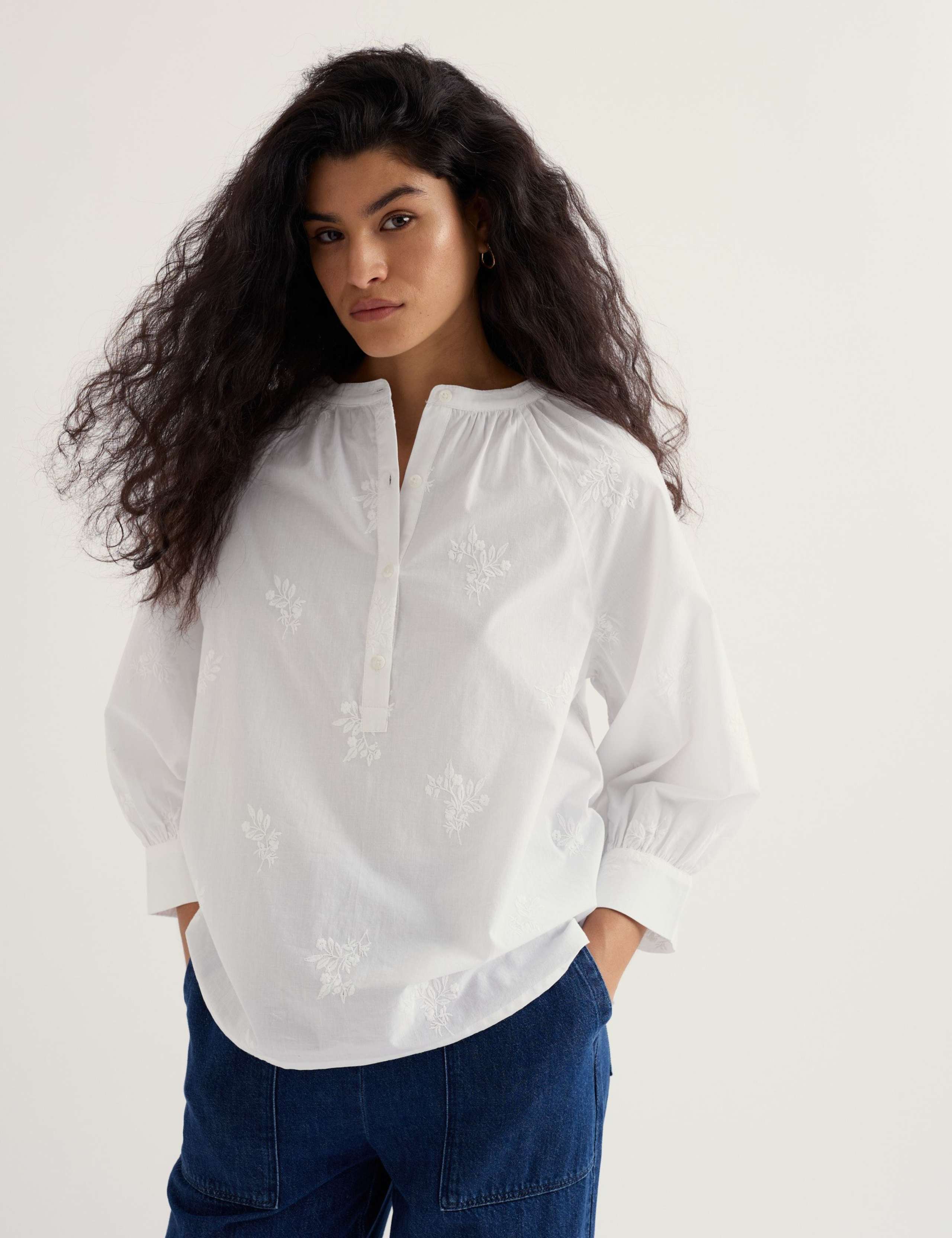 Pure Cotton Embroidered Blouson Sleeve Blouse 3 of 5