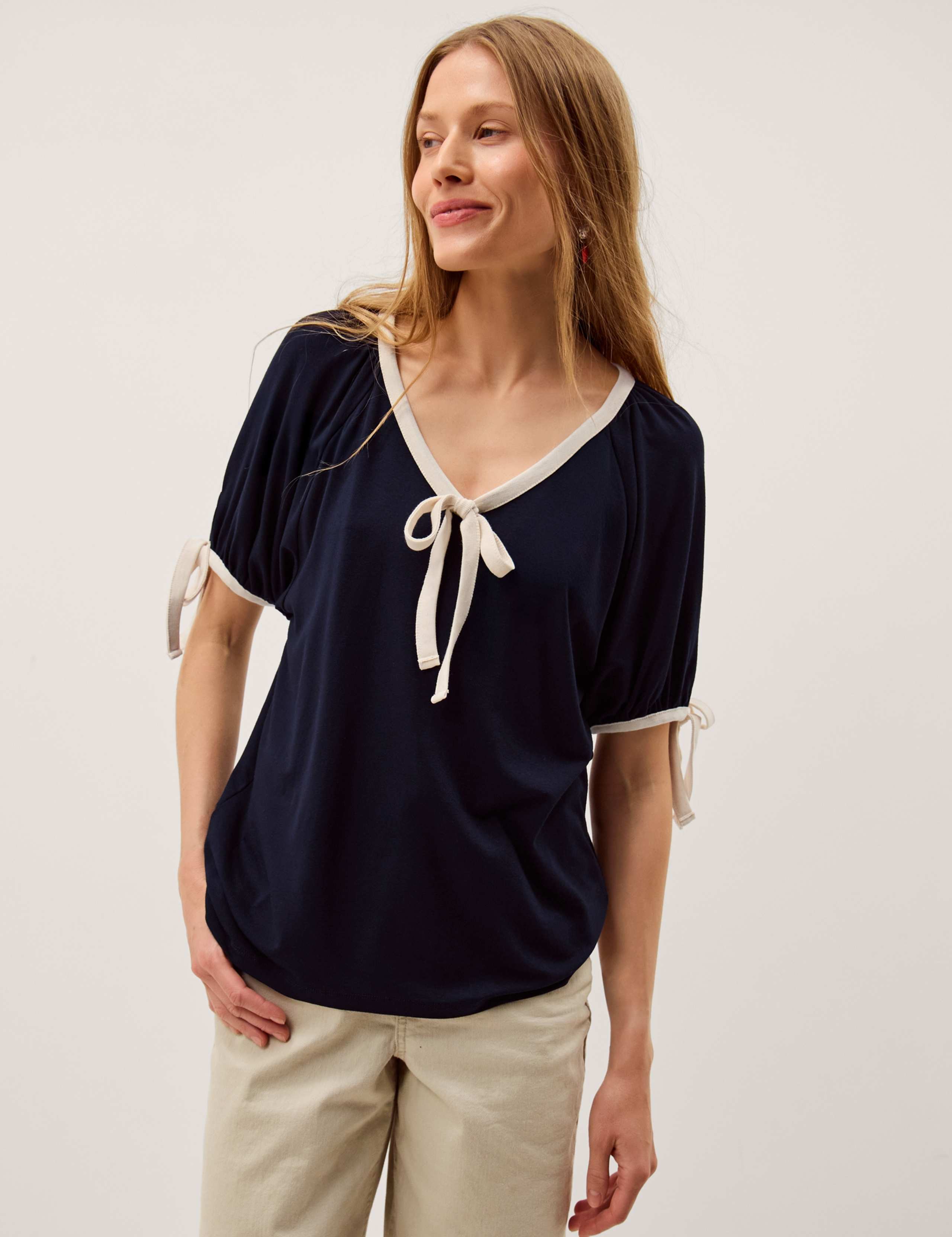 Jersey Contrast Trim Bow Detail T-Shirt 1 of 5