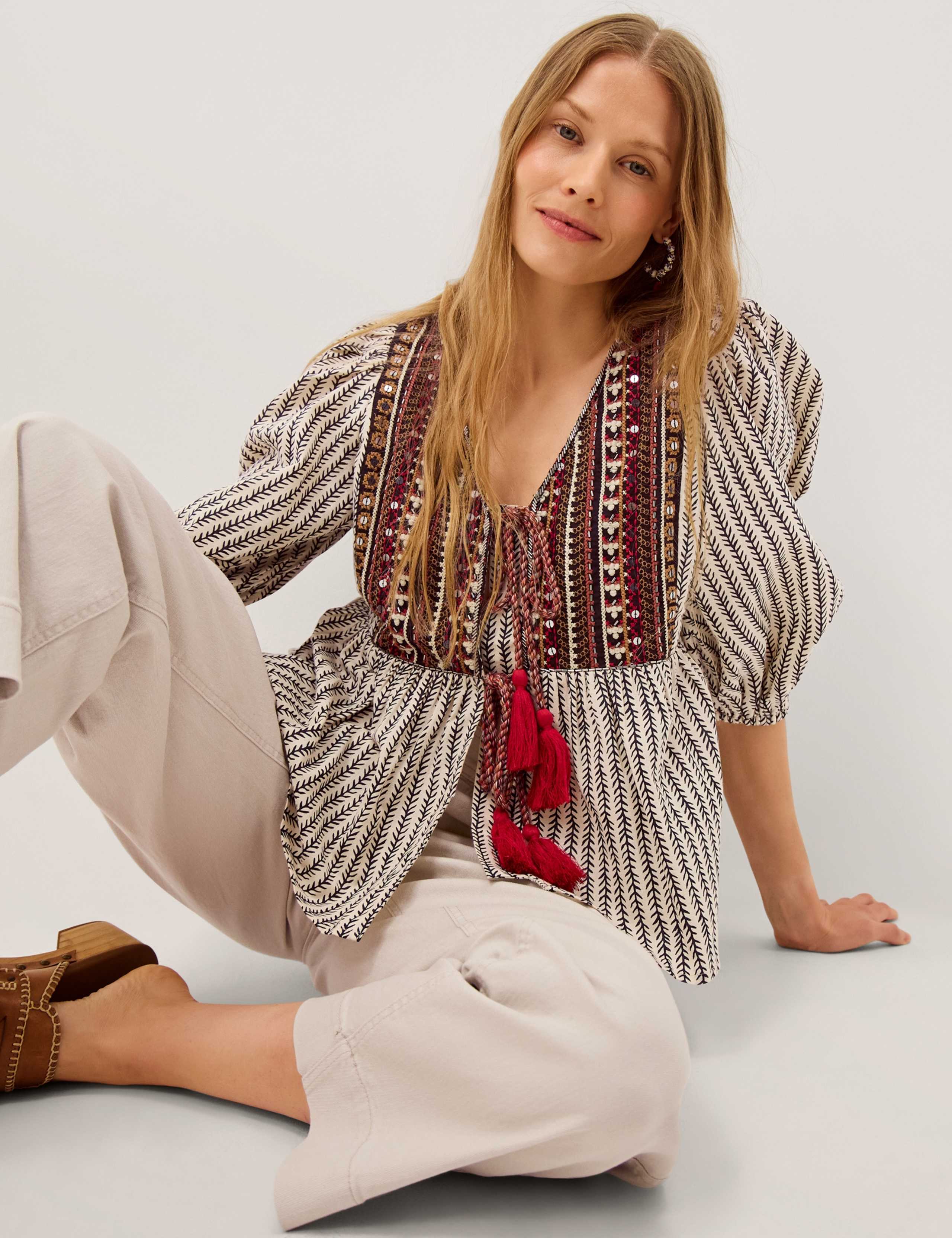 Pure Cotton Embroidered Tie Front Blouse 5 of 6