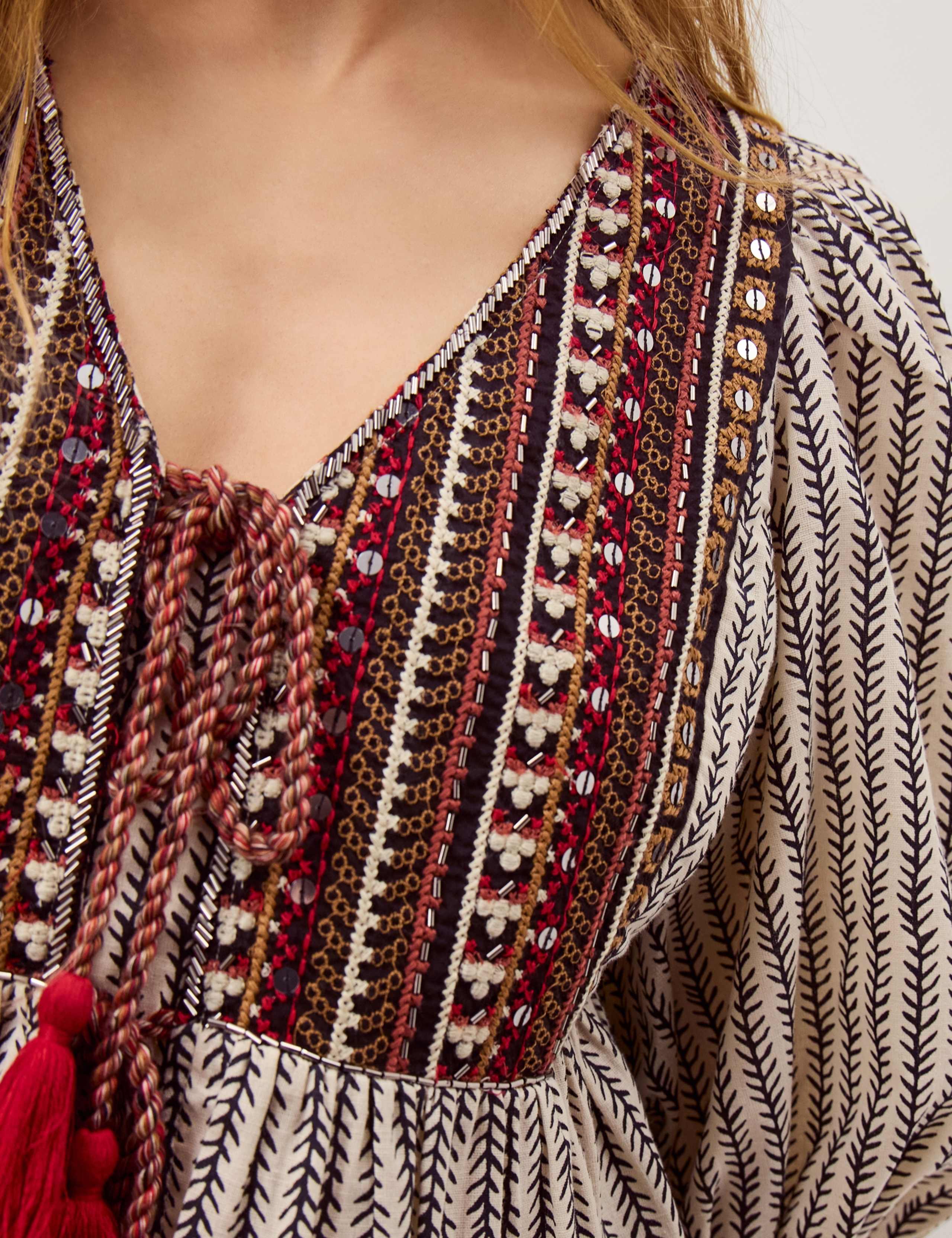 Pure Cotton Embroidered Tie Front Blouse 6 of 6