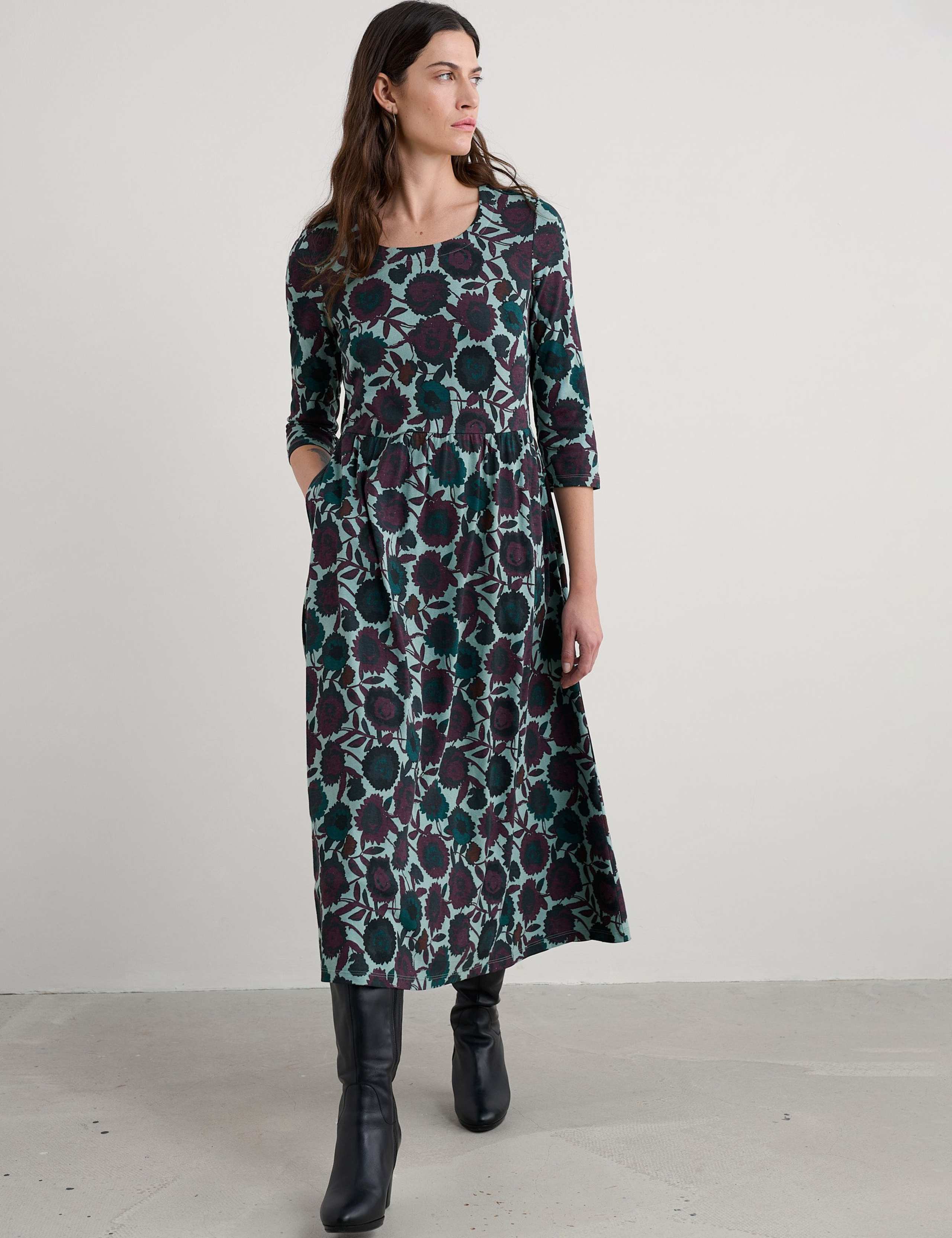 Cotton Rich Floral Midi Waisted Dress 1 of 5