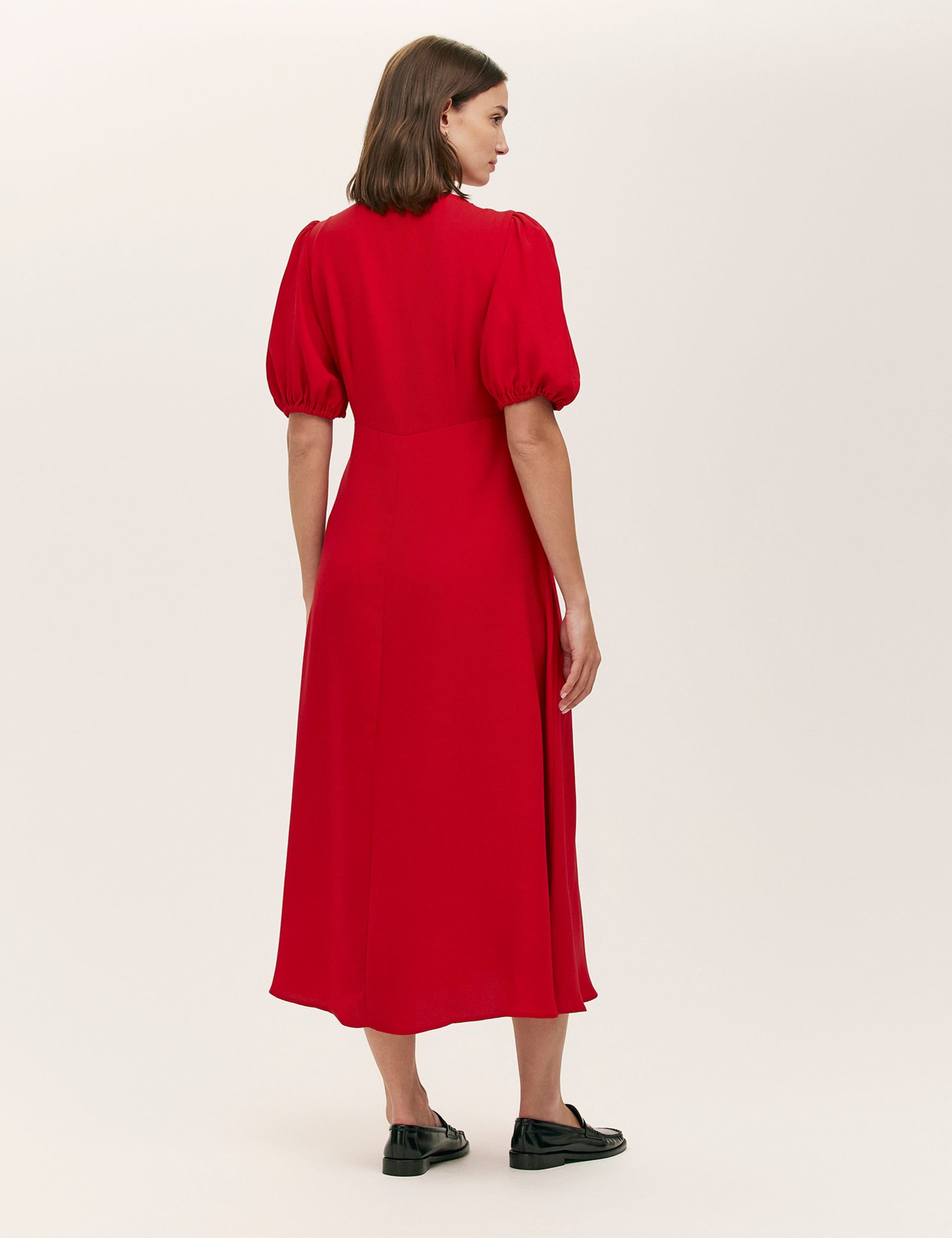 Crepe V-Neck Puff Sleeve Midi Tea Dress 3 of 4