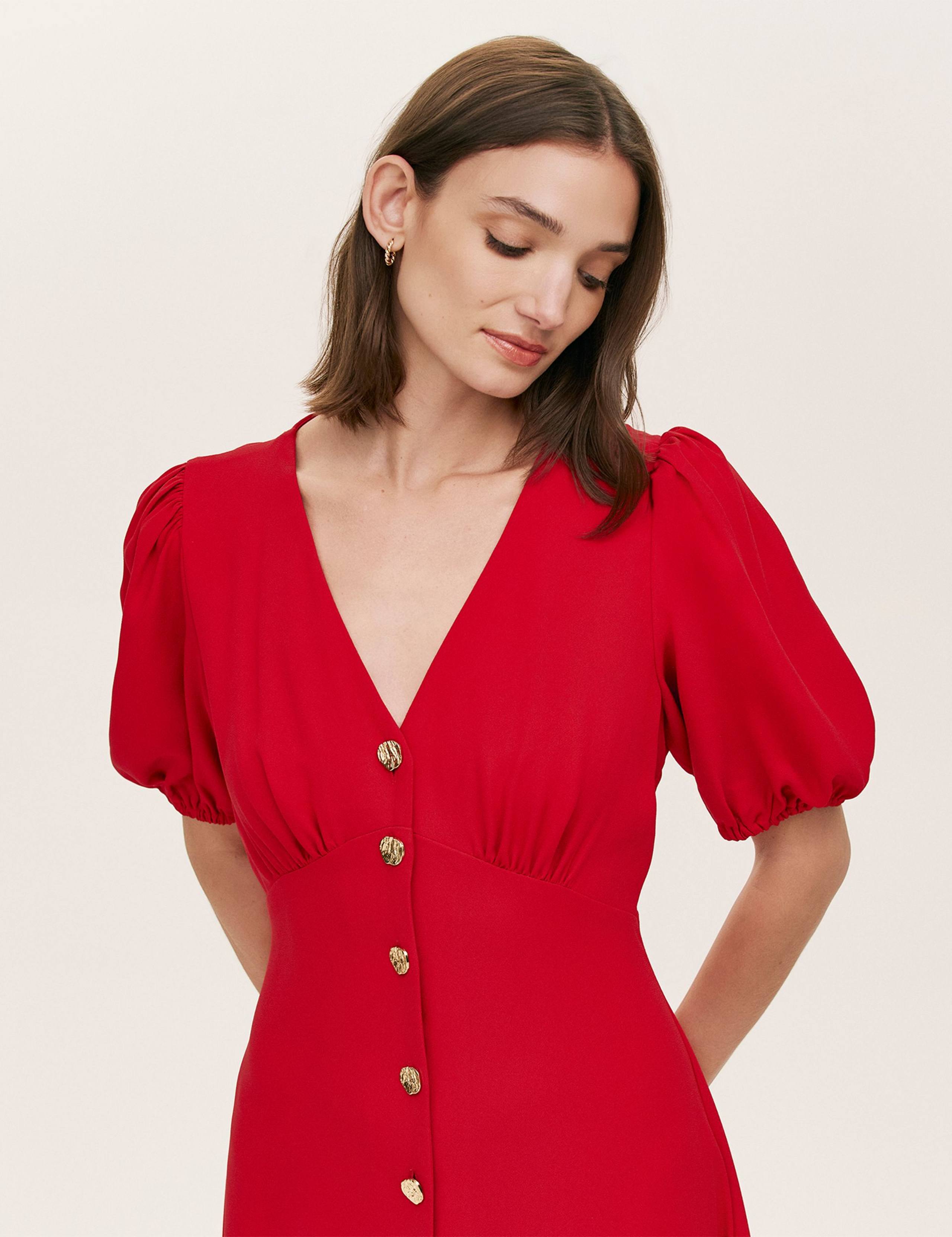 Crepe V-Neck Puff Sleeve Midi Tea Dress 4 of 4