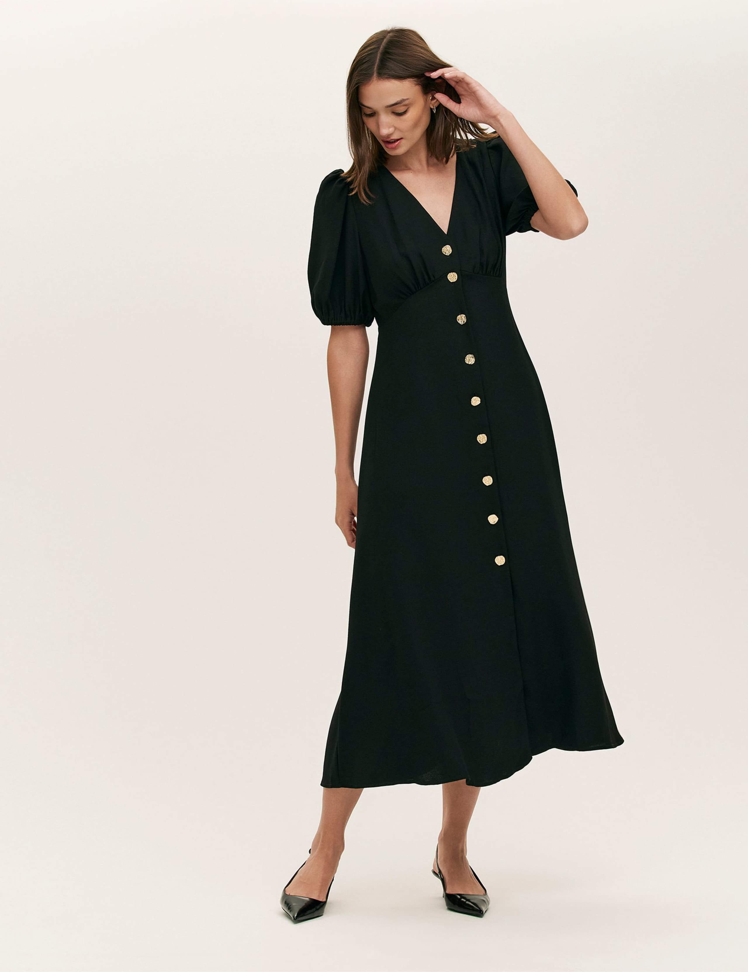 Crepe V-Neck Puff Sleeve Midi Tea Dress 2 of 5