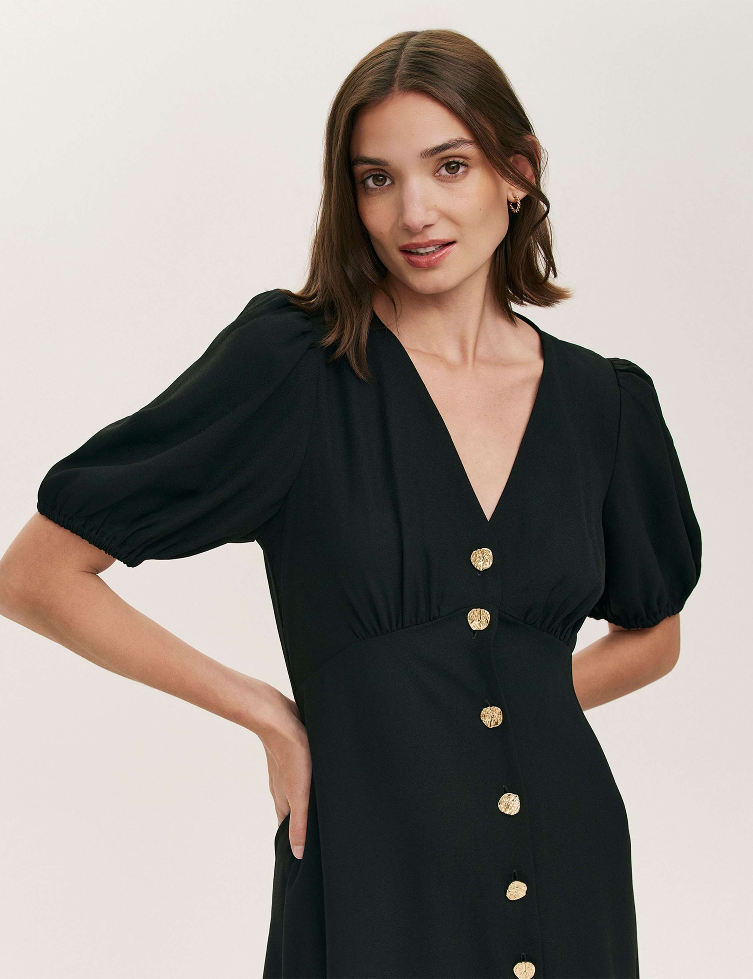 Crepe V-Neck Puff Sleeve Midi Tea Dress 3 of 5