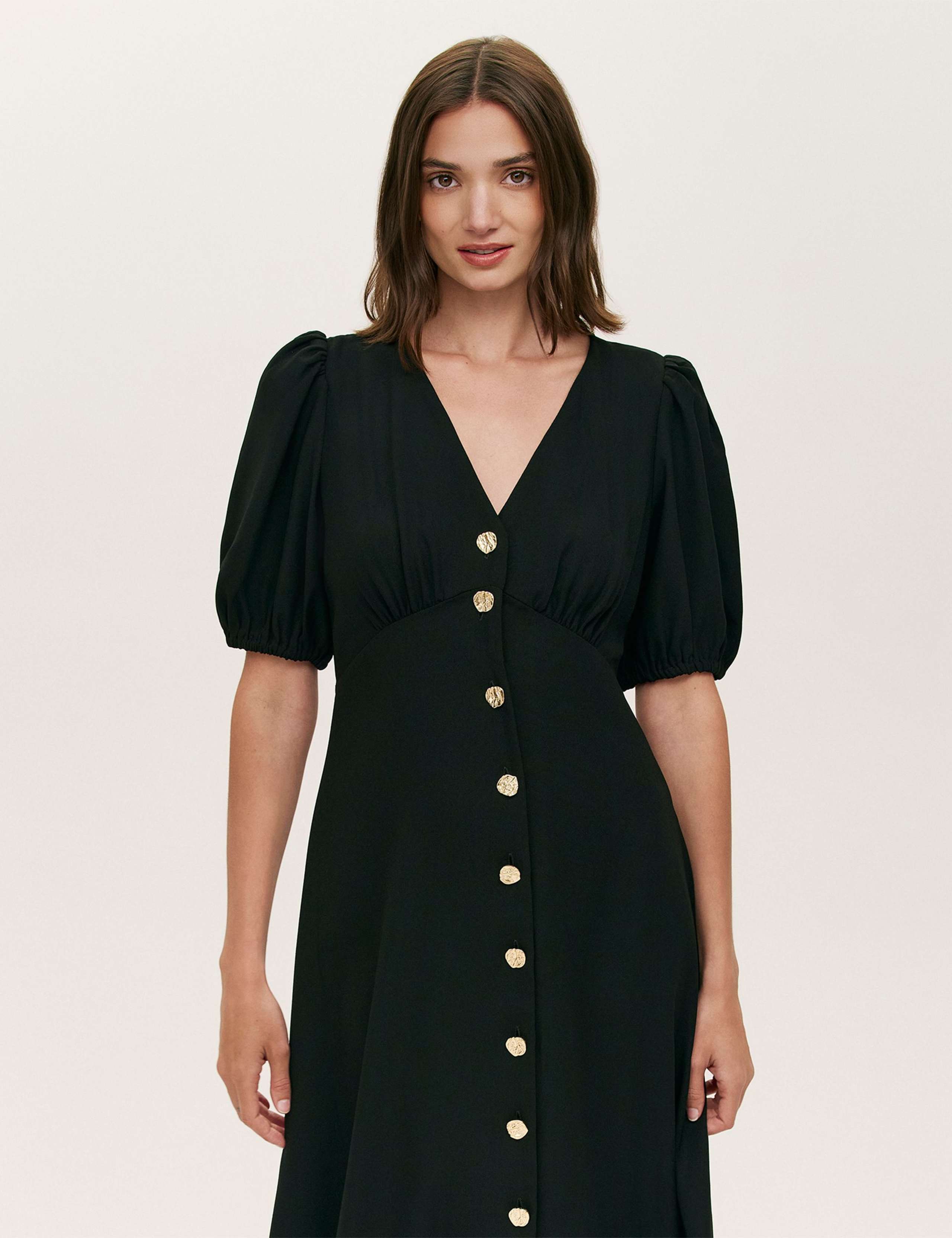 Crepe V-Neck Puff Sleeve Midi Tea Dress 4 of 5