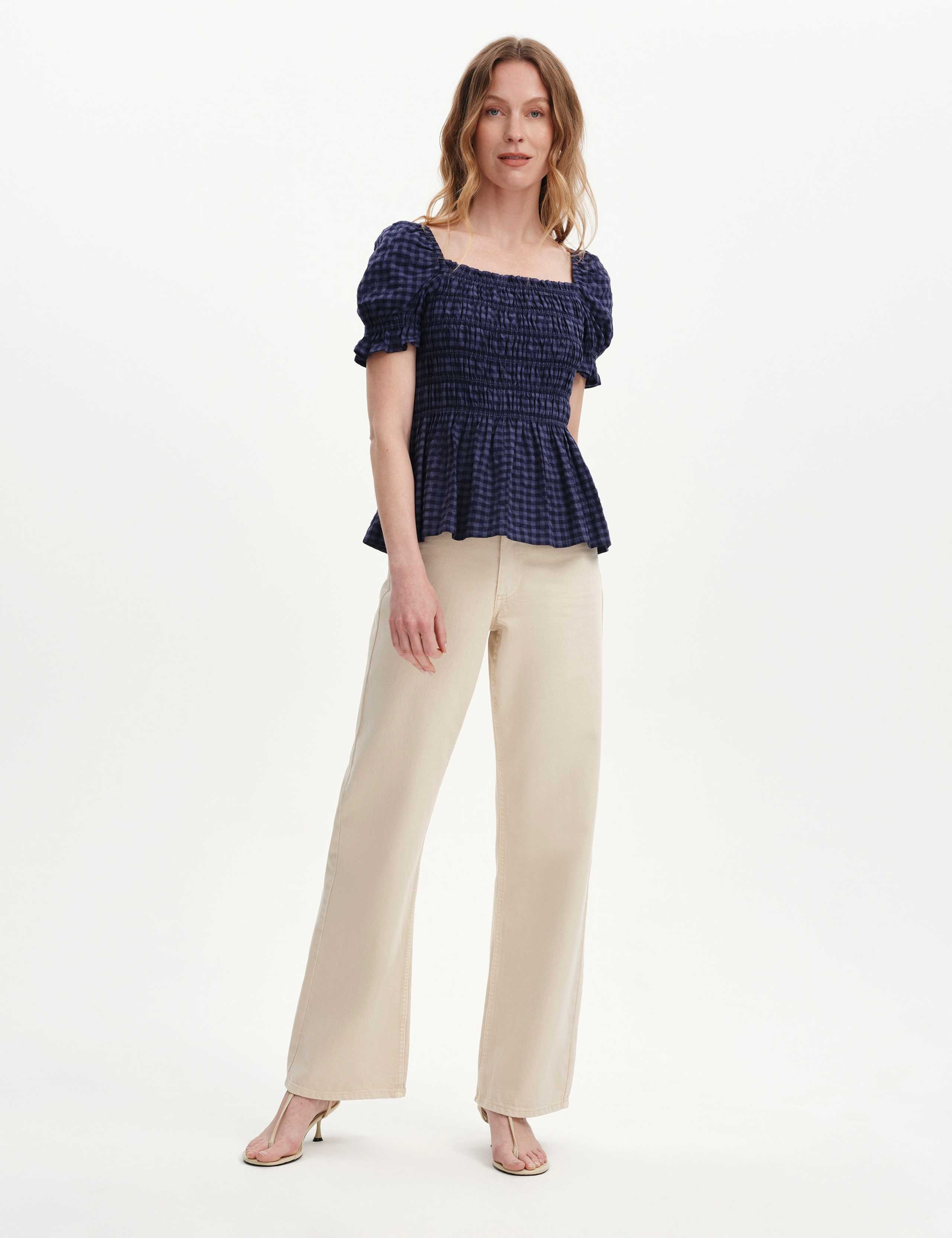 Cotton Blend Seersucker Gingham Shirred Top 2 of 6