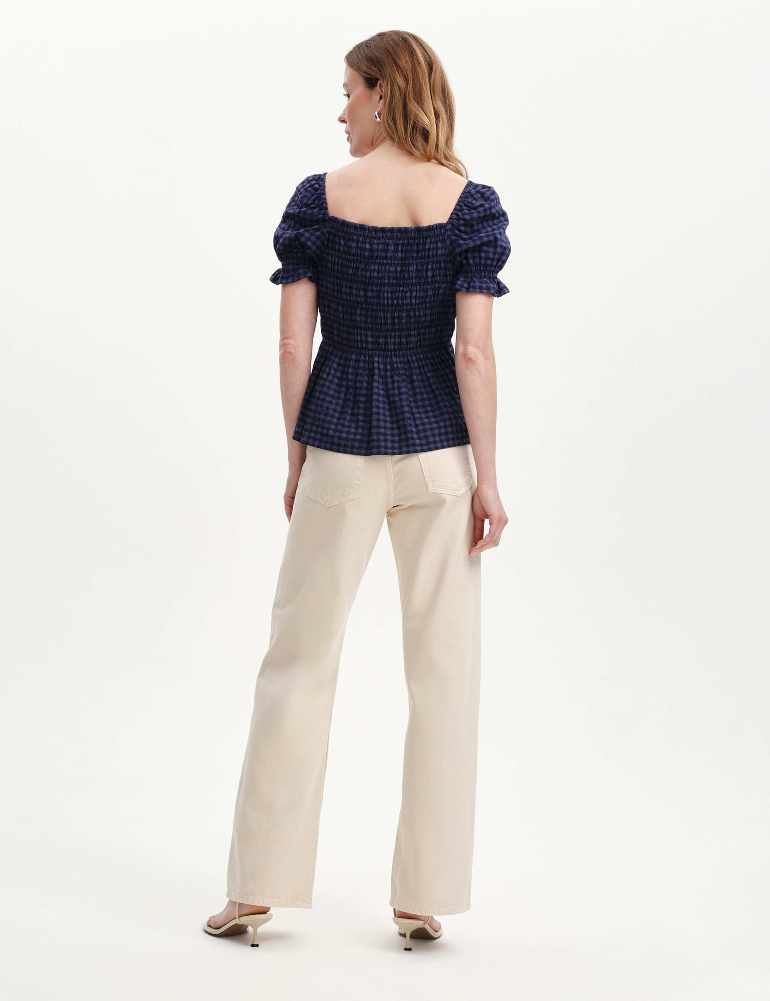 Cotton Blend Seersucker Gingham Shirred Top 3 of 6