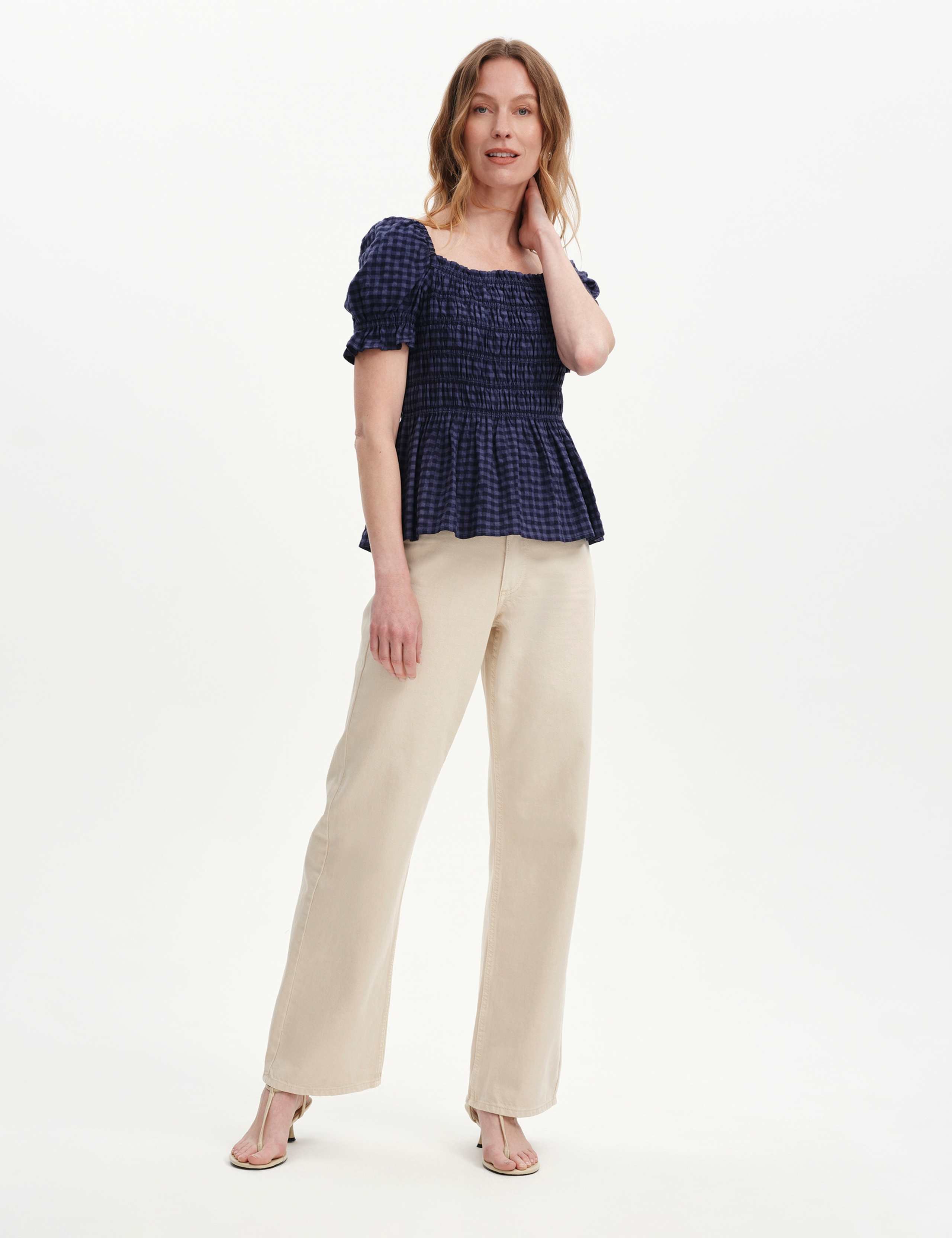 Cotton Blend Seersucker Gingham Shirred Top 4 of 6