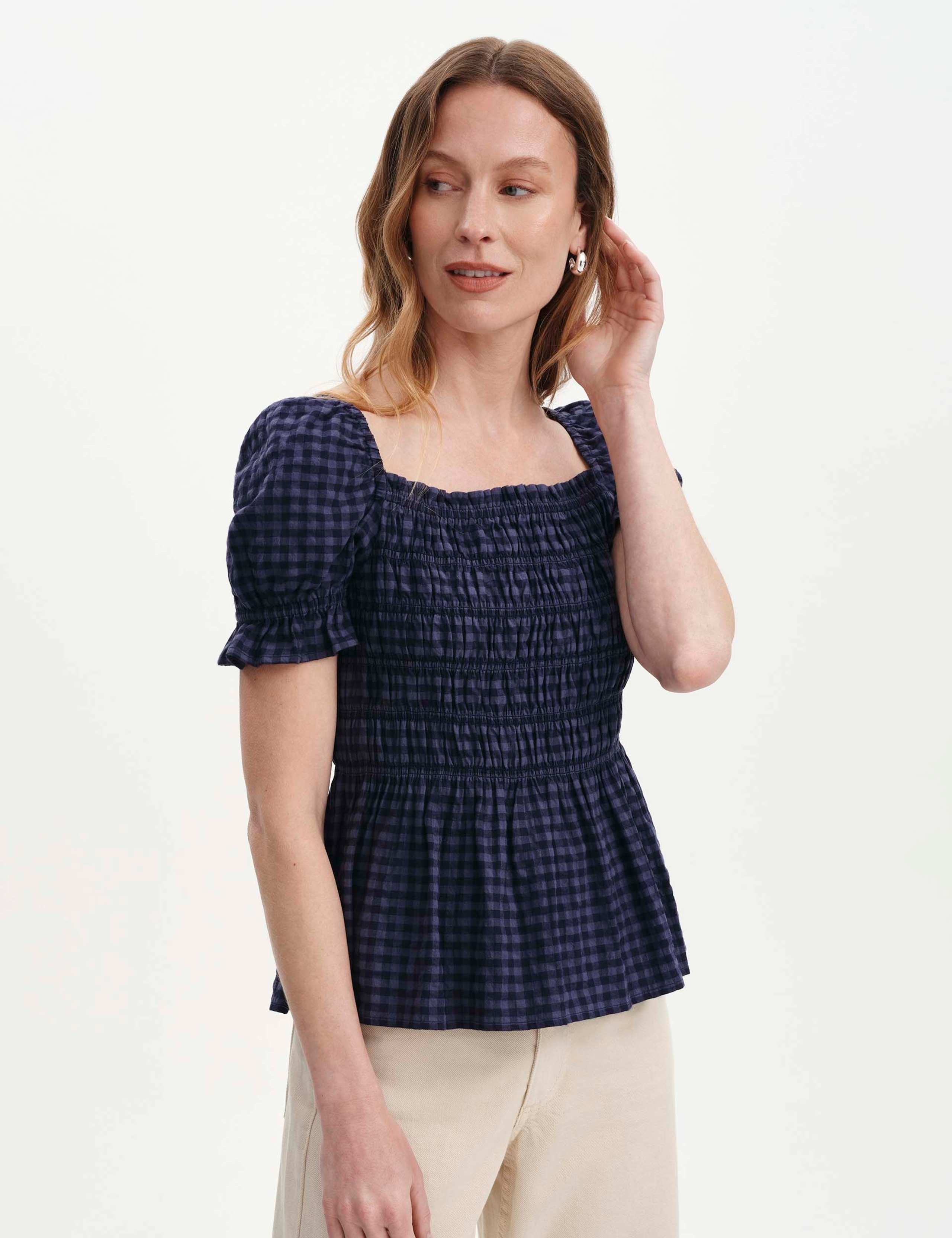 Cotton Blend Seersucker Gingham Shirred Top 5 of 6