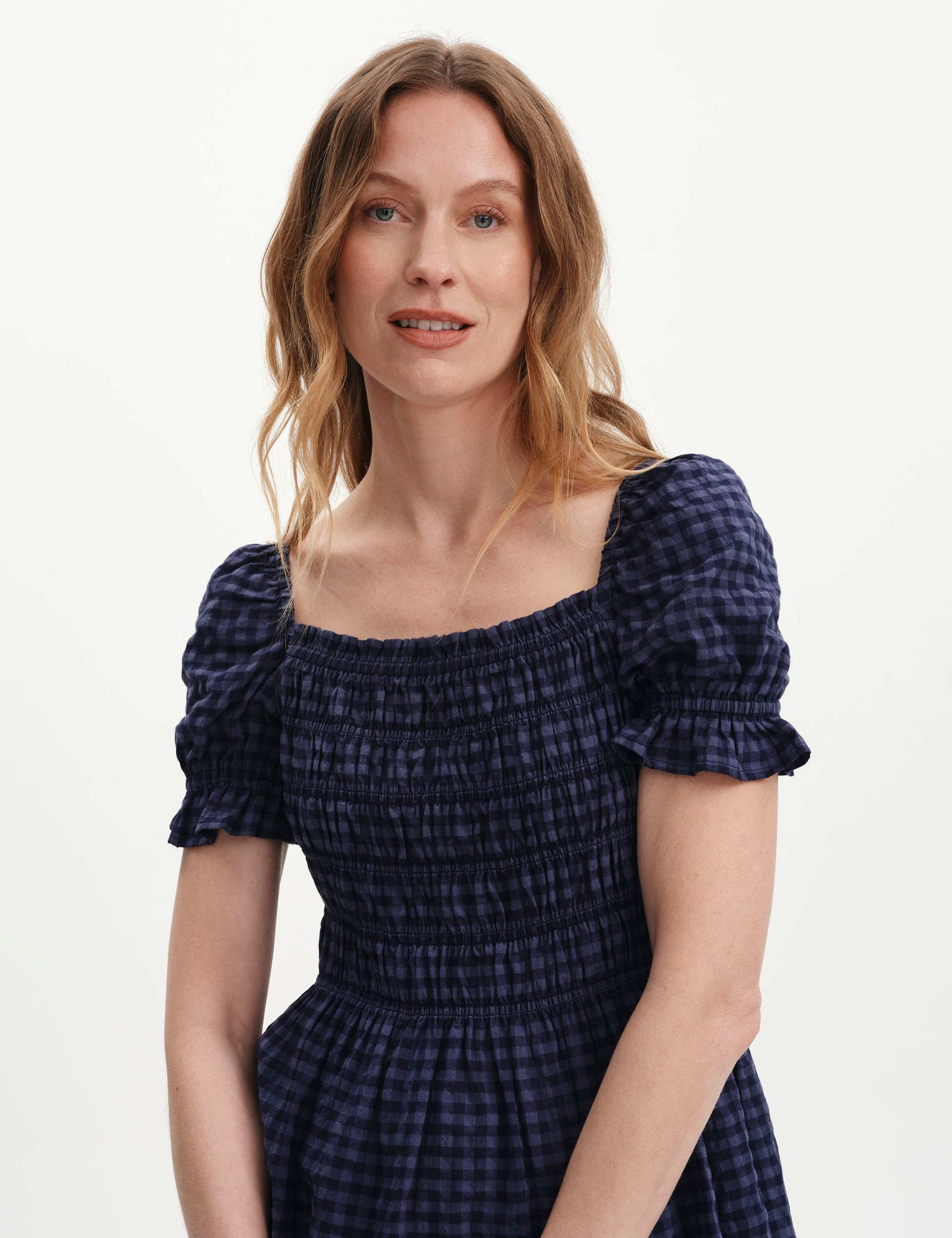 Cotton Blend Seersucker Gingham Shirred Top 6 of 6