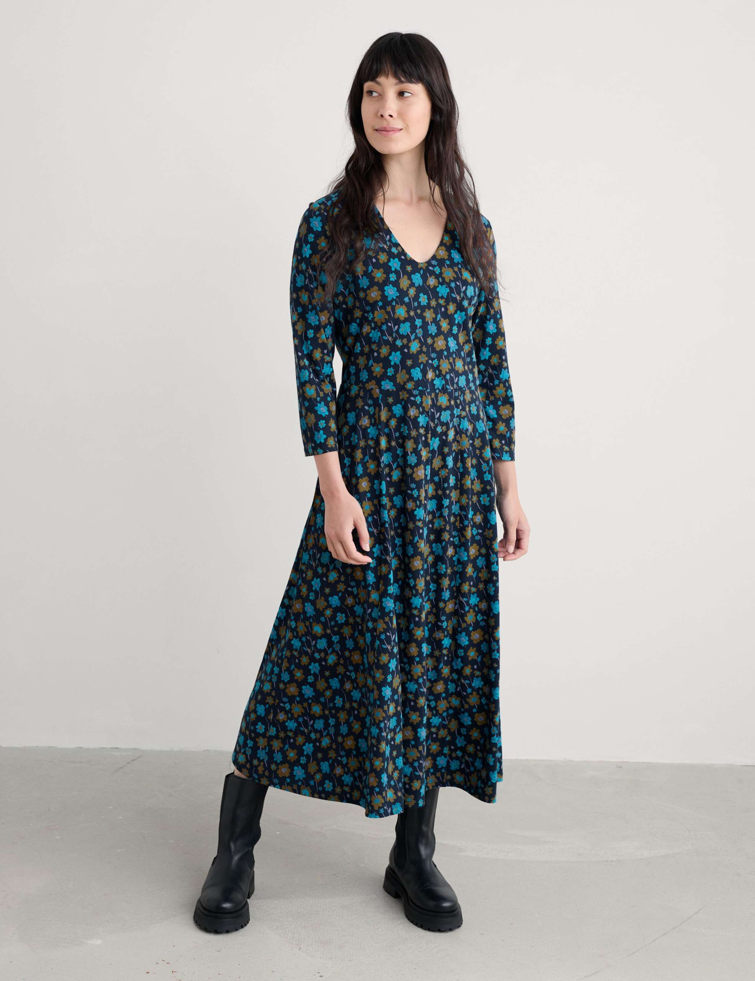 Cotton Modal Floral V-Neck Midi Waisted Dress 3 of 6