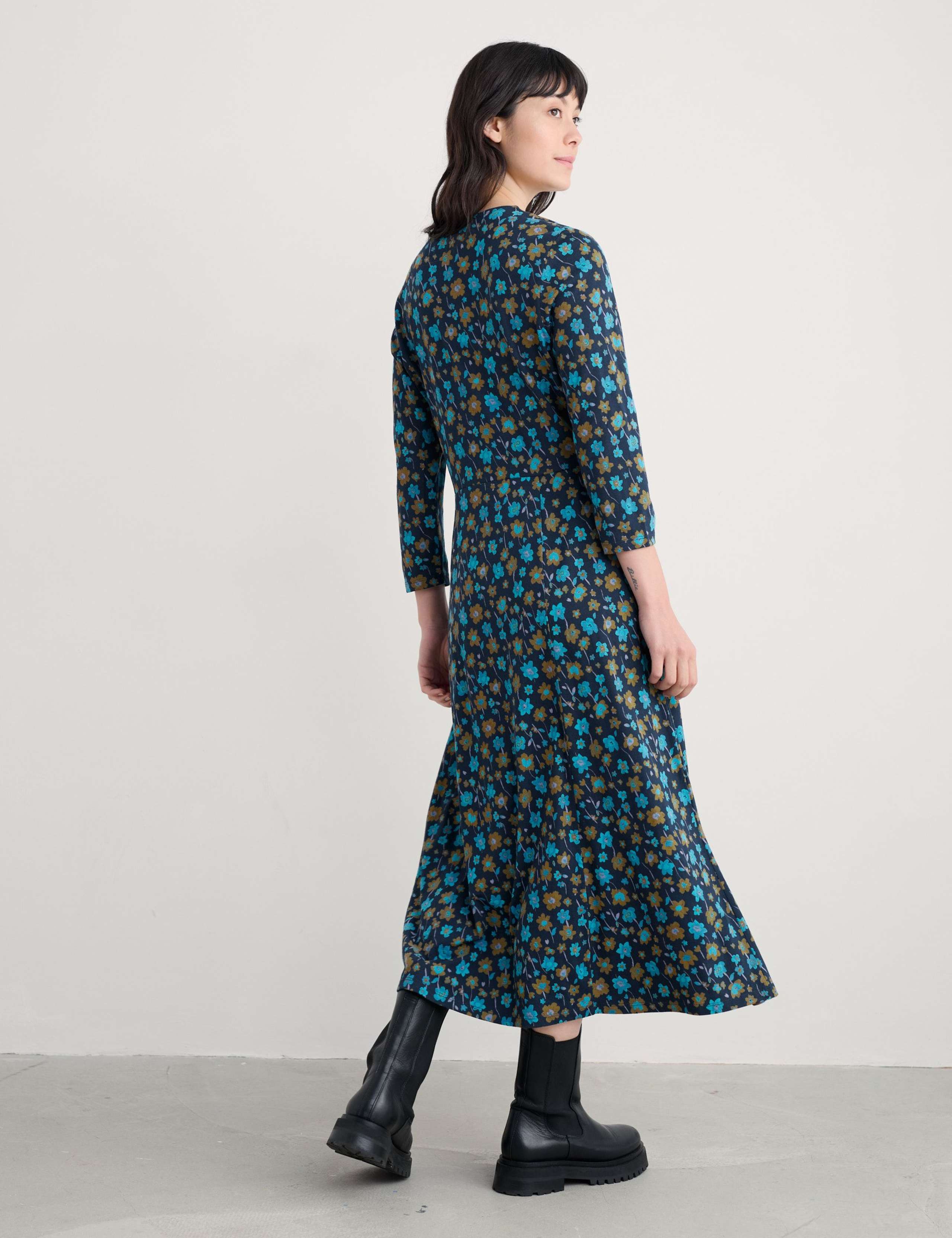 Cotton Modal Floral V-Neck Midi Waisted Dress 4 of 6
